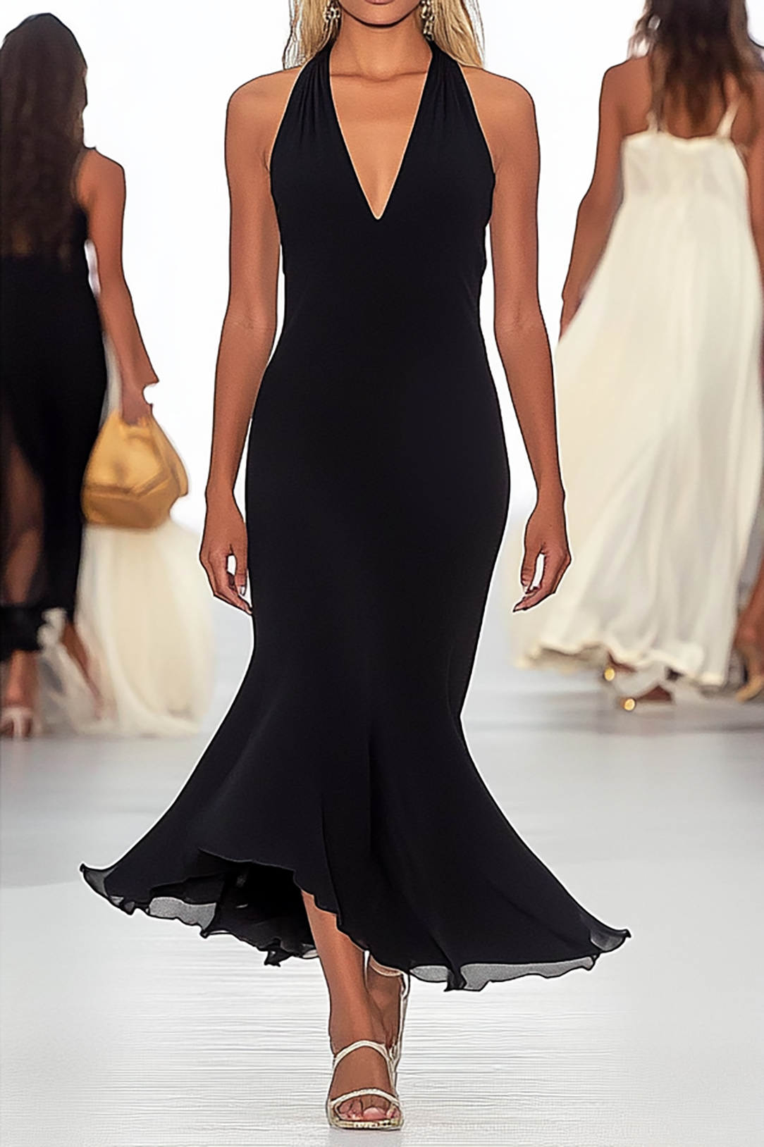 Formal Work Party Boat Neck Royal Blue Sleeveless Belted Slit Midi Dre