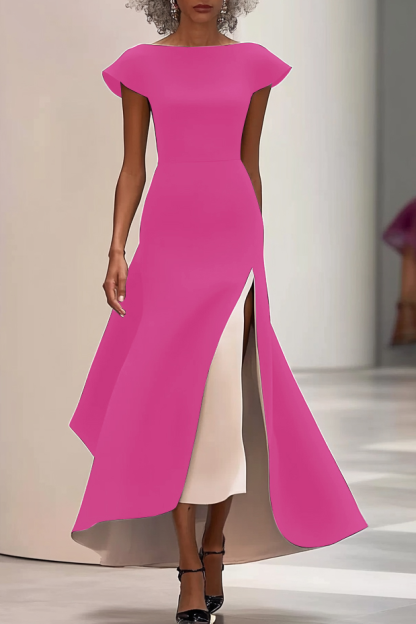 Elegant Slit Dress Cap Sleeve Black White Color Block Maxi Dress
