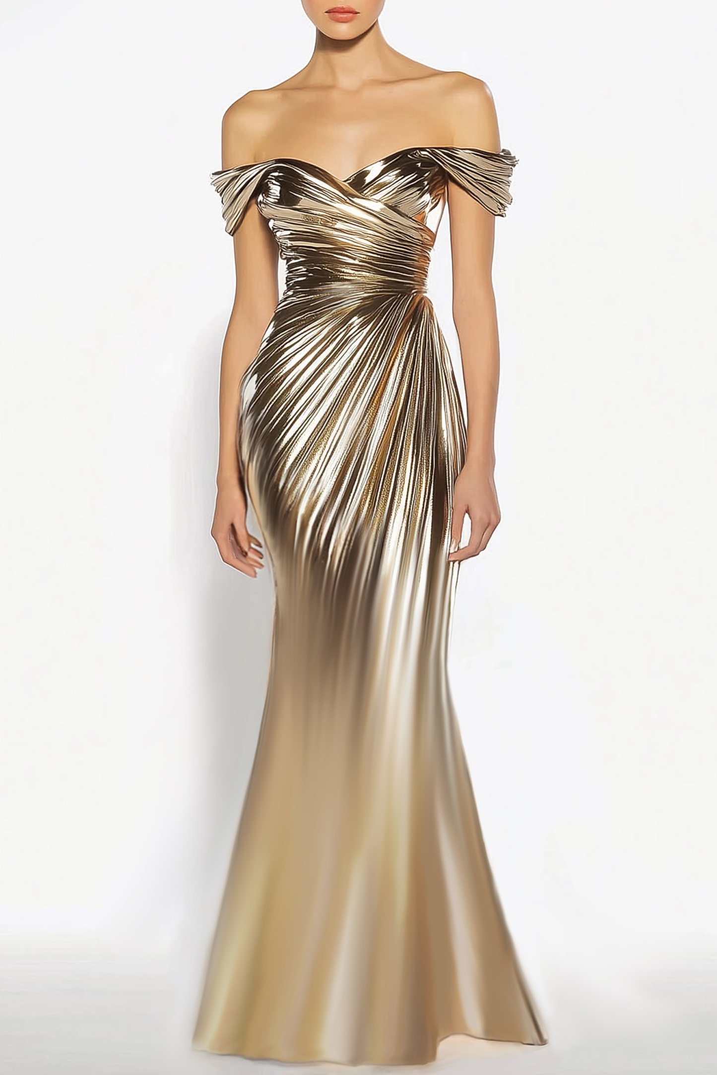 Party Evening Dress Gold Metallic One-Shoulder Pleated Floor-Length Dr