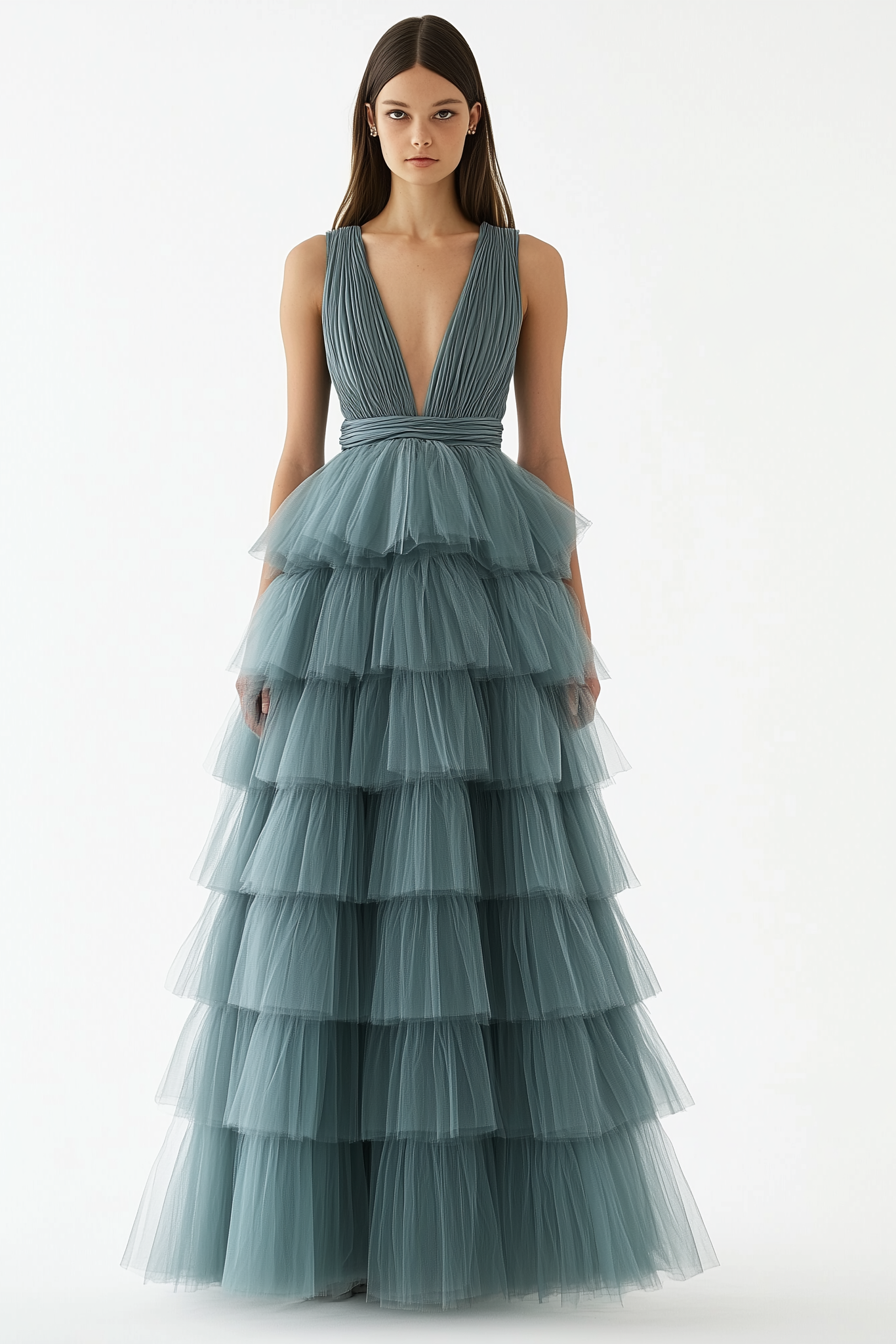 Prom Dress Green Sleeveless Deep V Tiered Layer Dress Floor-Length Gown