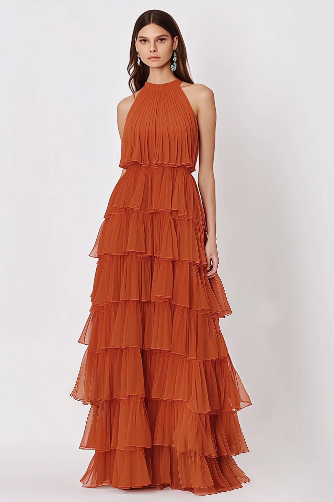 Evening Prom Dress Orange Halter Tiered Layer Dress Floor-Length Gown