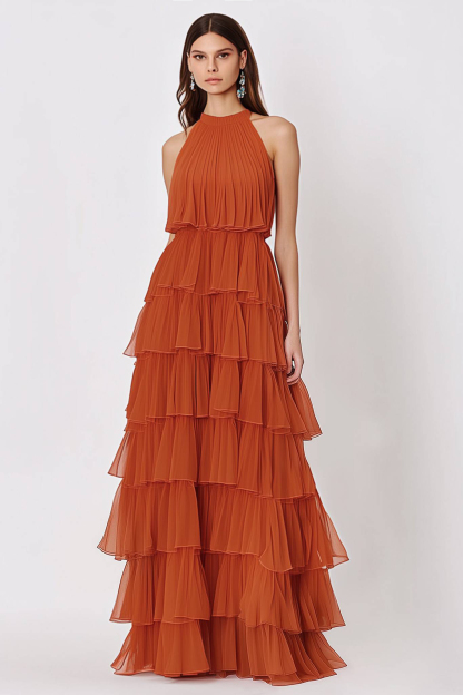 Evening Prom Dress Orange Halter Tiered Layer Dress Floor-Length Gown