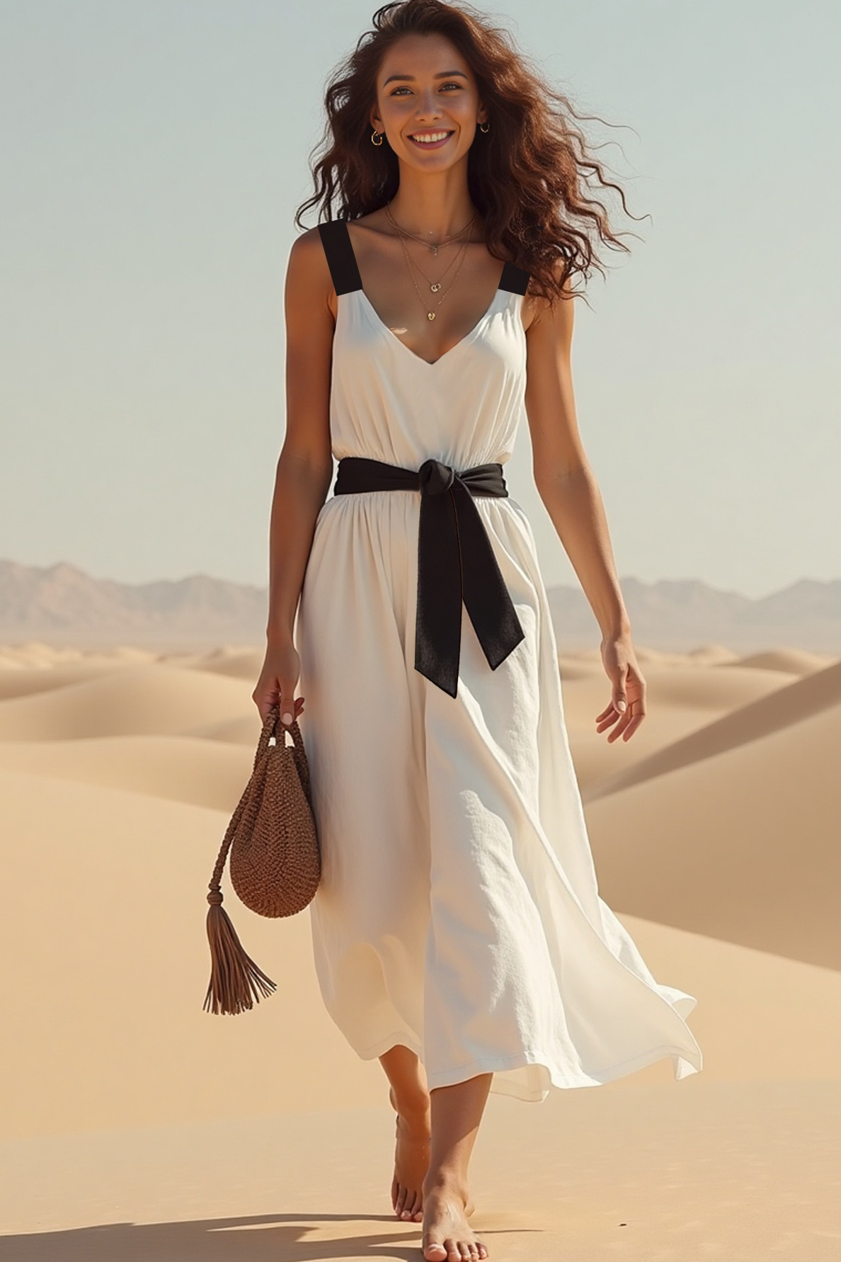 Casual Daily Dress Black White Spaghetti Strap V-Neck Tie Midi Dress