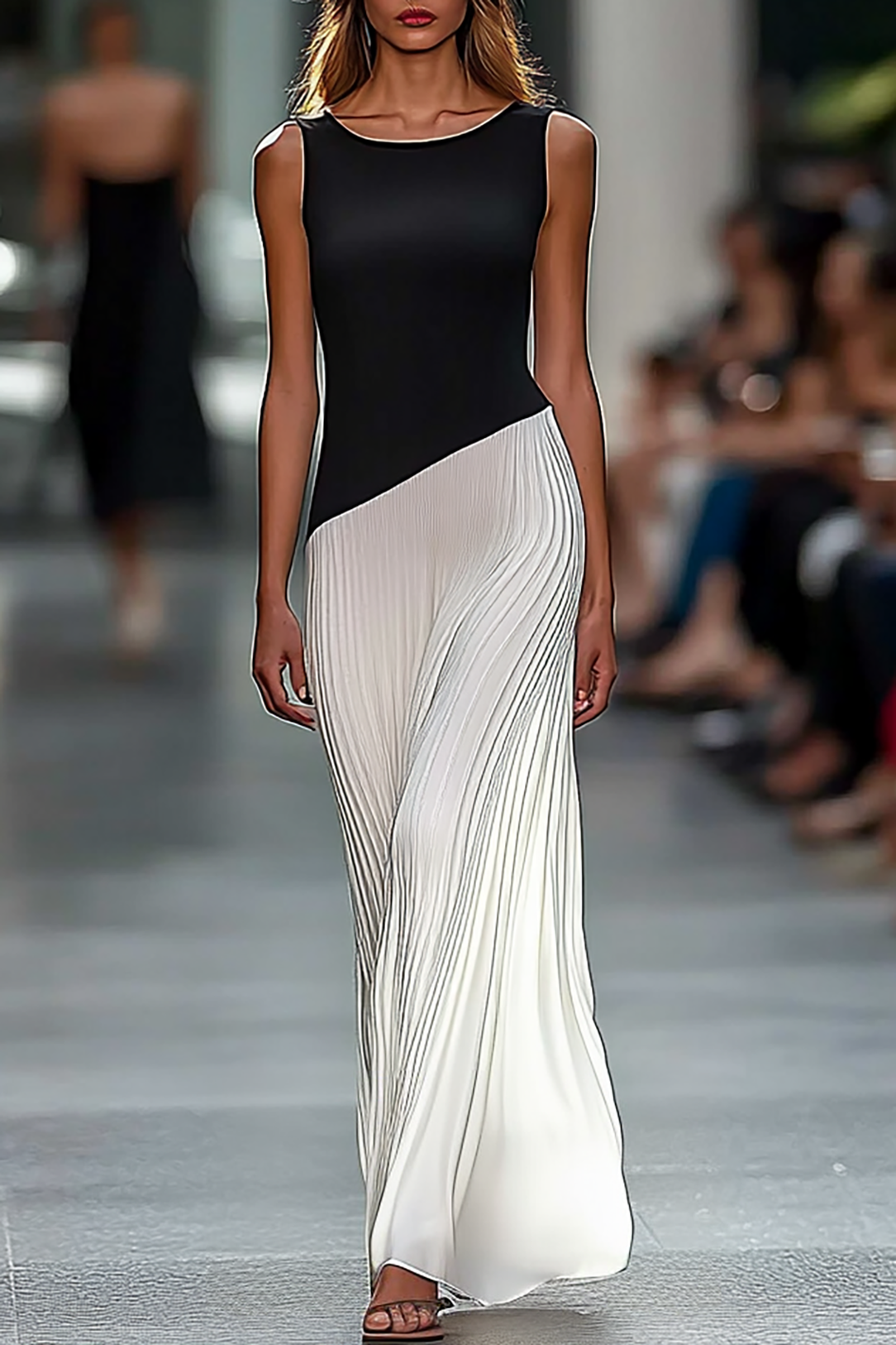 Daily Business Black and White Color Matching Dress Sleeveless Pleated Maxi Skirt