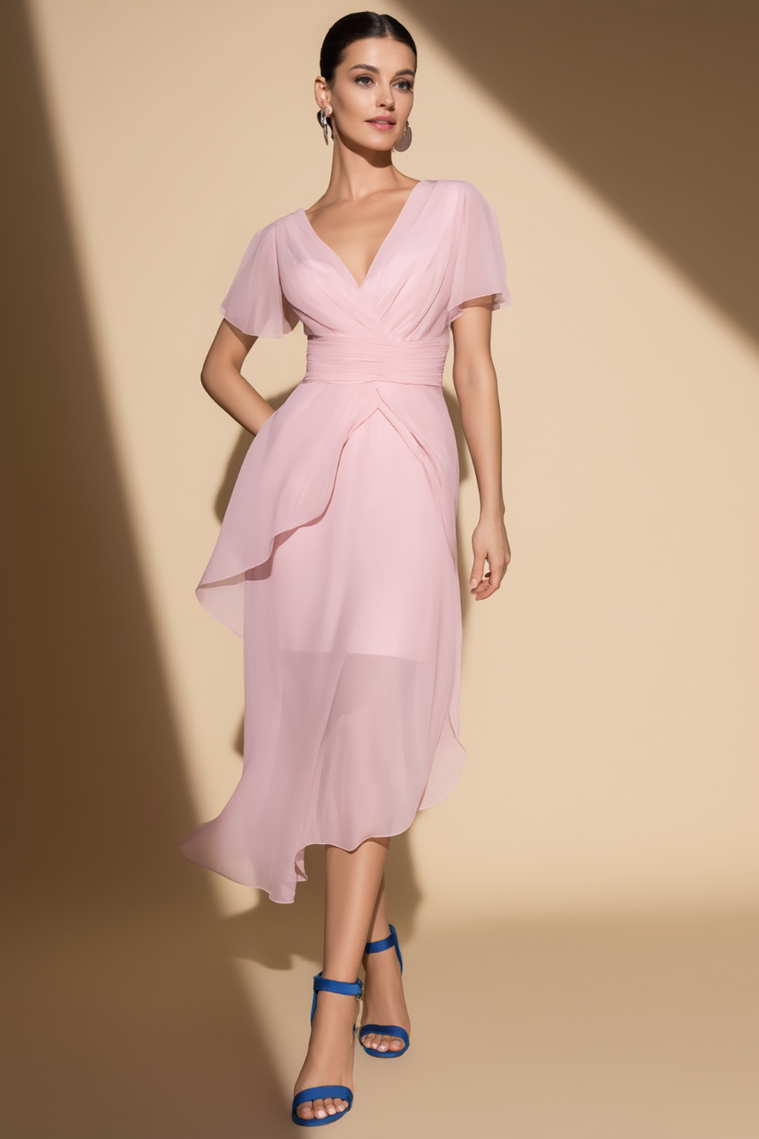 Wedding Guest Party Dress Light Pink V-Neck Chiffon Midi Dress