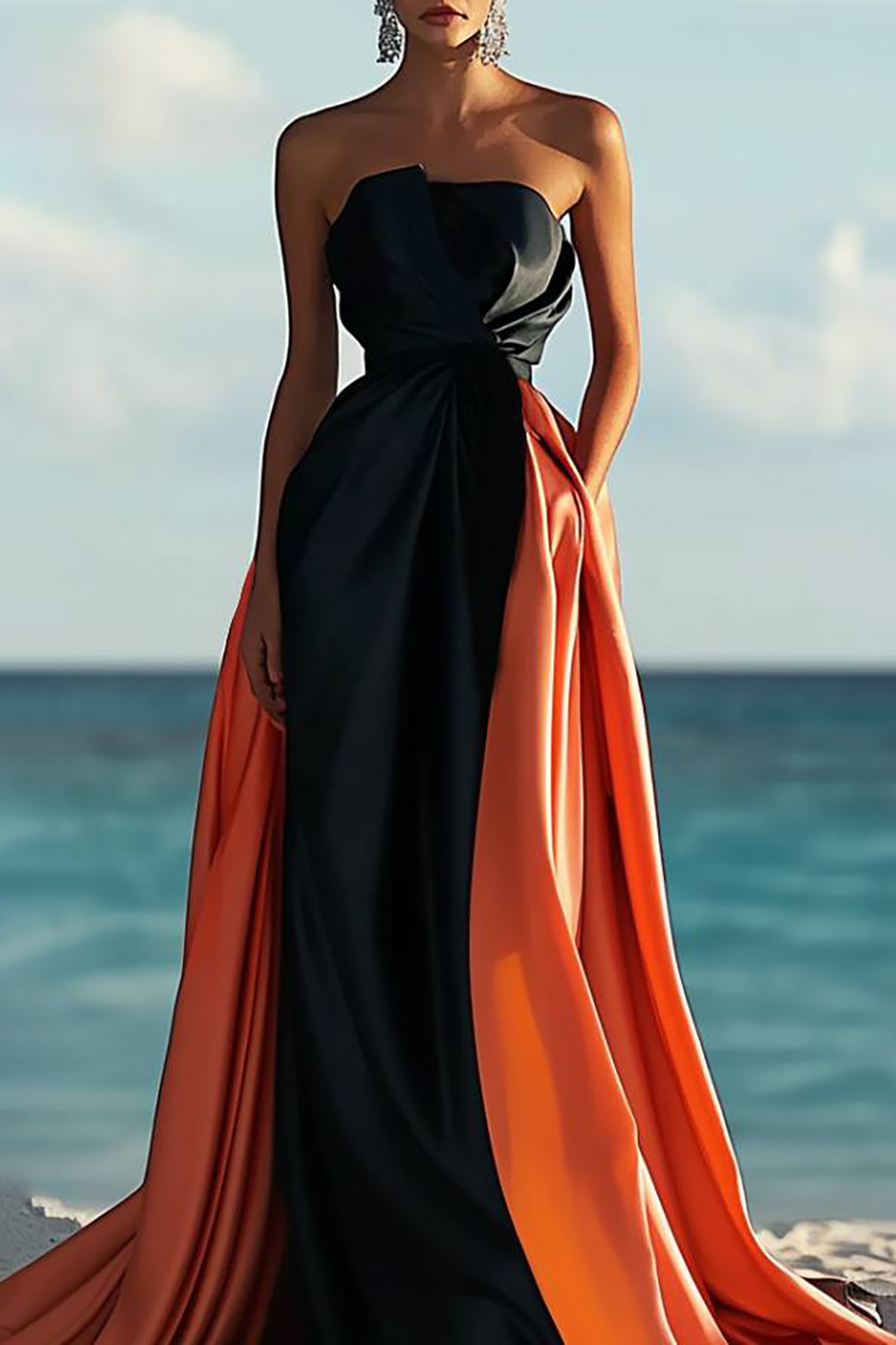Formal Strapless Dress Black-Orange Pocketed Floor-Length Gown