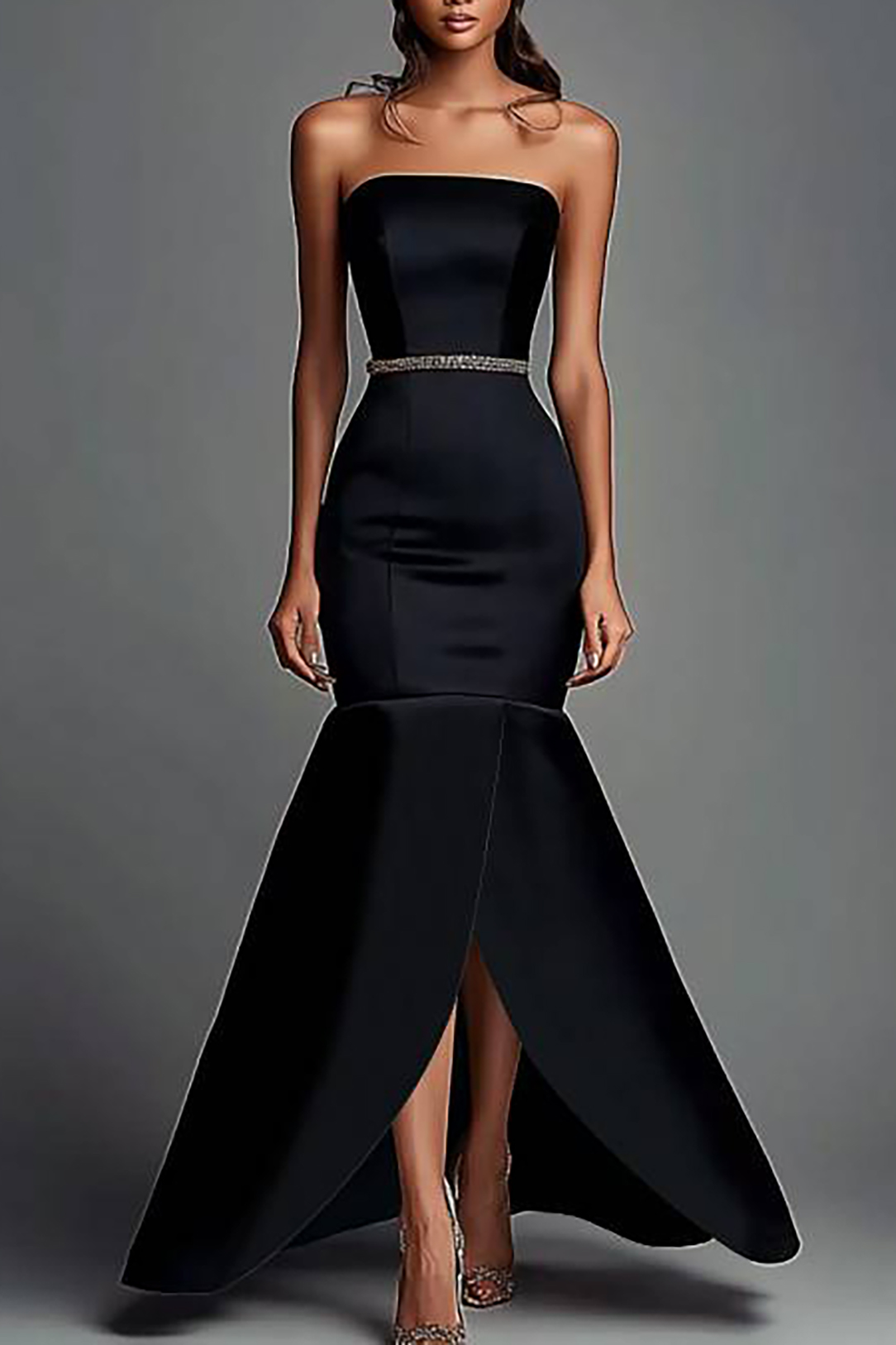 Evening Strapless Dress Black Mermaid Split Maxi Gown