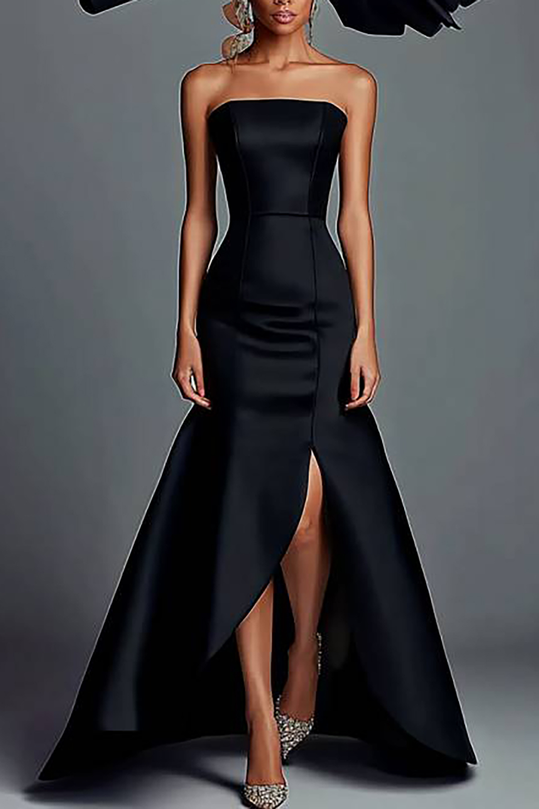 Evening Strapless Dress Black Mermaid Split Floor-Length Gown