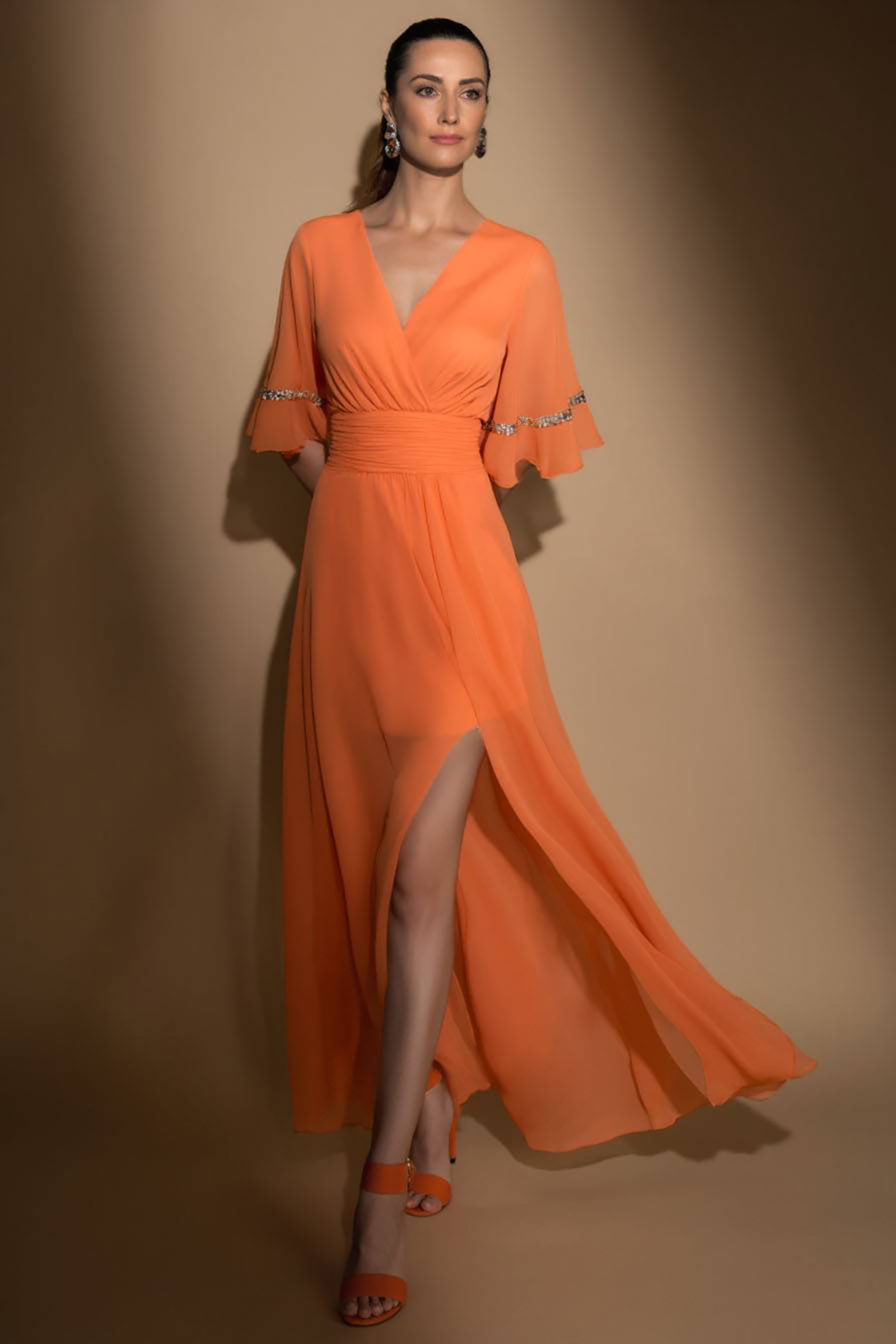 Cocktail Party Dress Orange V-Neck Side Slit Chiffon Maxi Dress