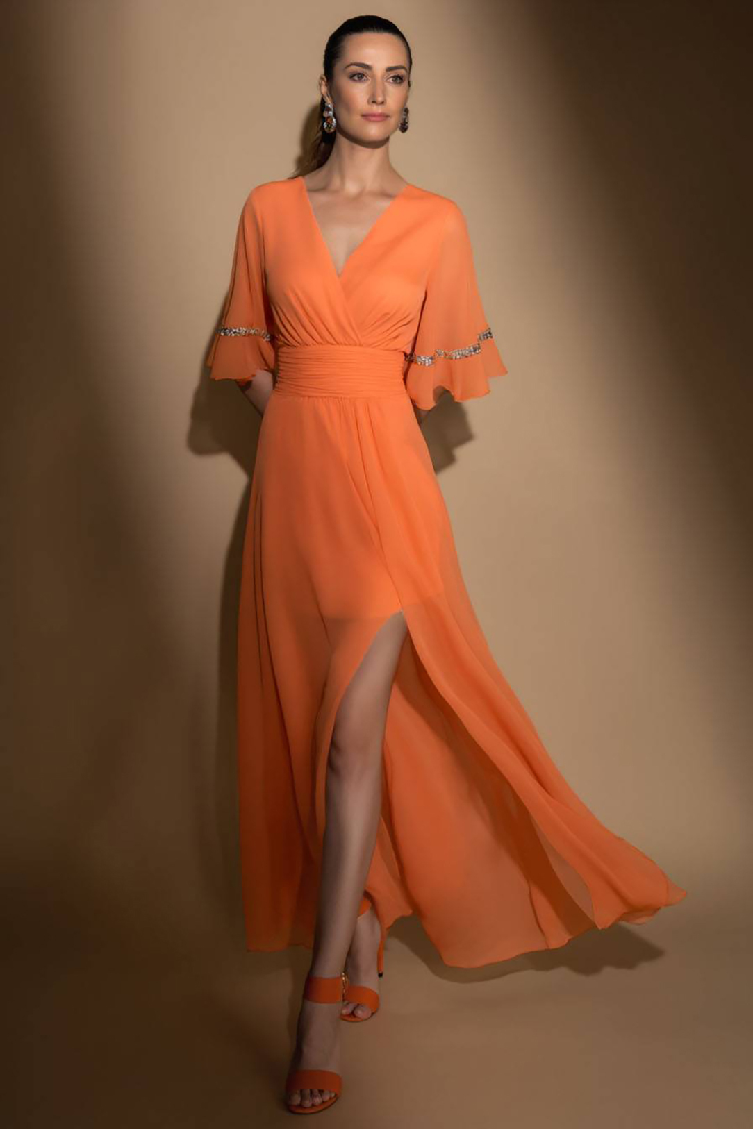 Cocktail Party Dress Orange V-Neck Side Slit Chiffon Maxi Dress