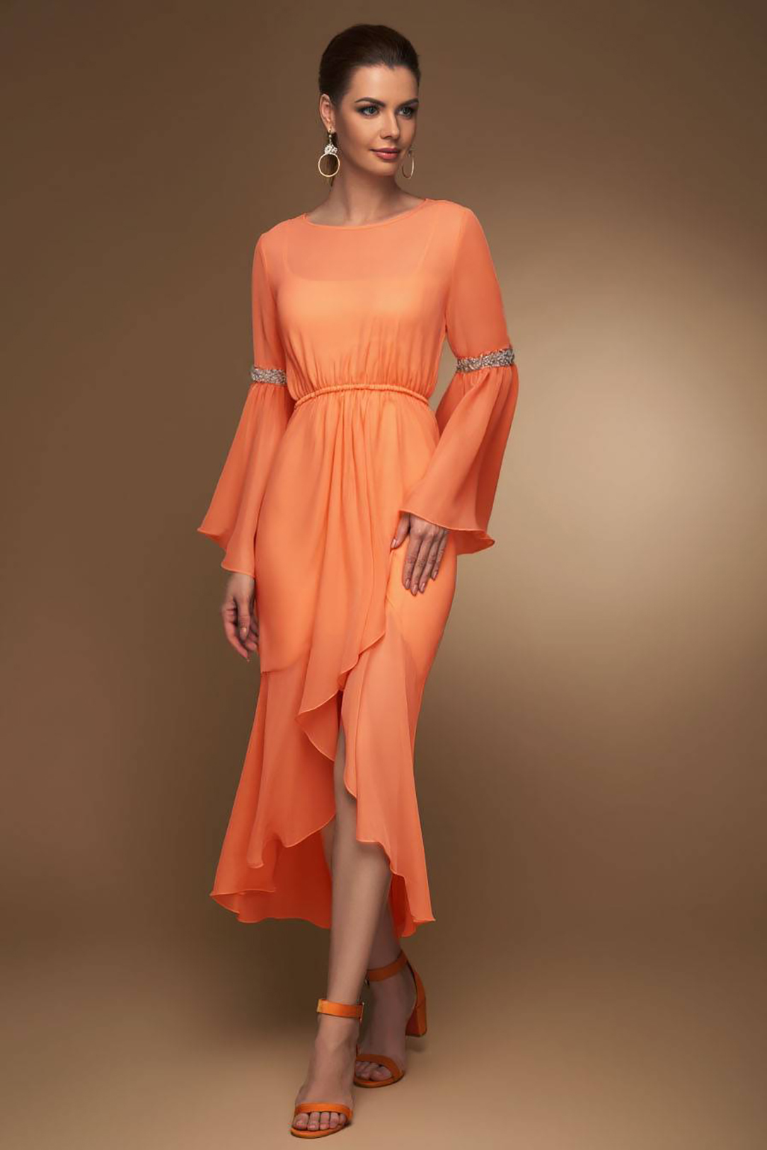 Cocktail Party Dress Orange Round Neck Long Sleeve Chiffon Side Slit Midi Dress