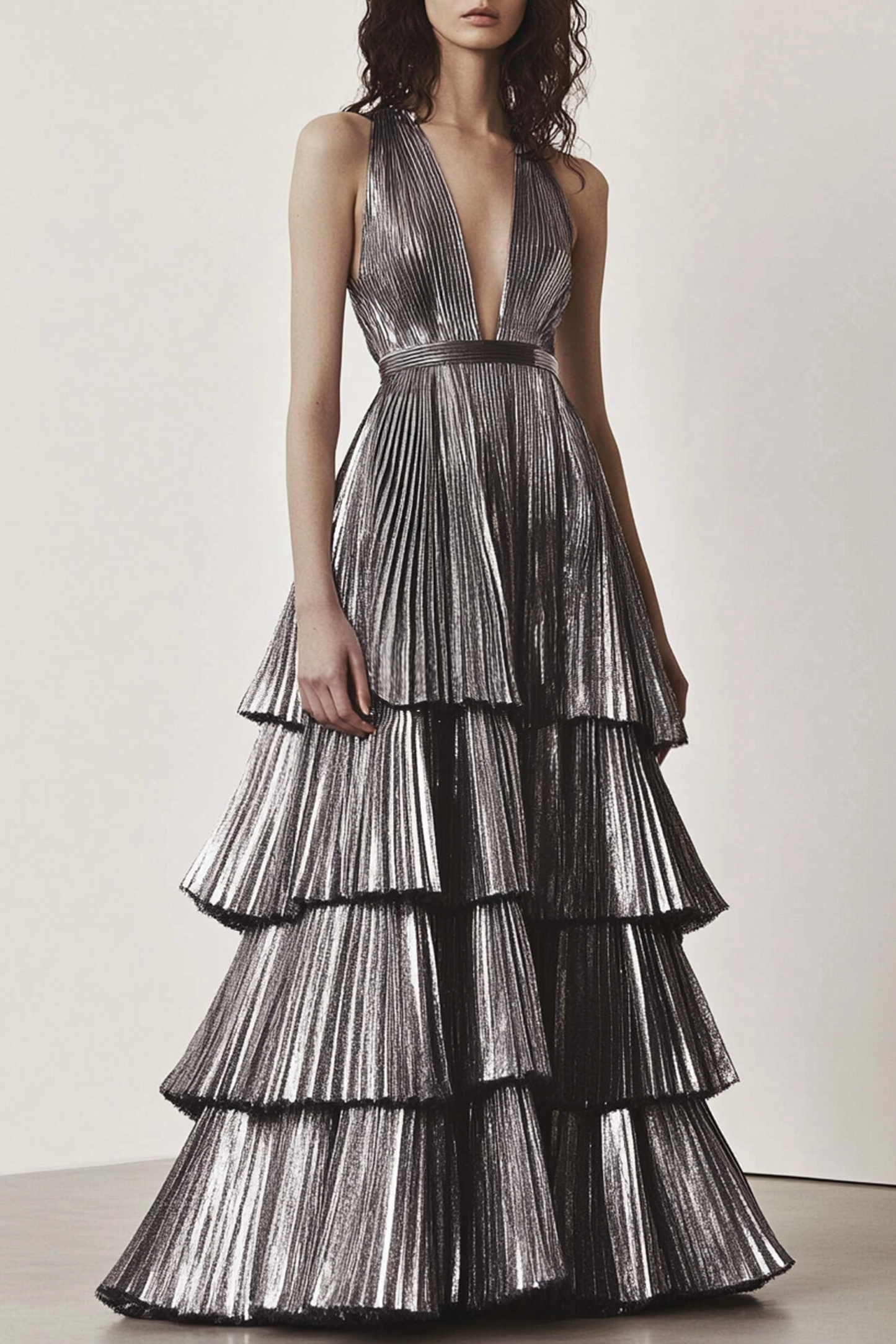 Prom Evening Dress Silver Deep V Sleeveless Tiered Layer Floor-Length