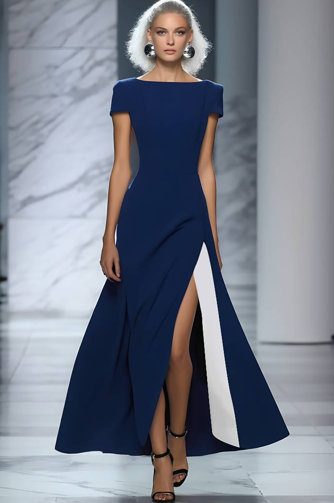 Formal Evening Dress Deep Blue Boat Neck Side Slit Maxi Gown