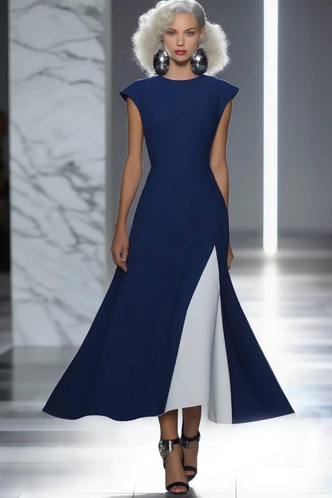 Formal Evening Dress Blue White Colorblock Round Neck Midi Dress