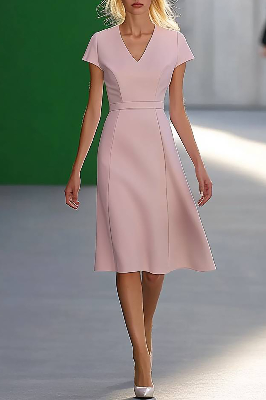 Wedding Guest Semi-Formal Dress Light Pink V-Neck Knee-Length Dress