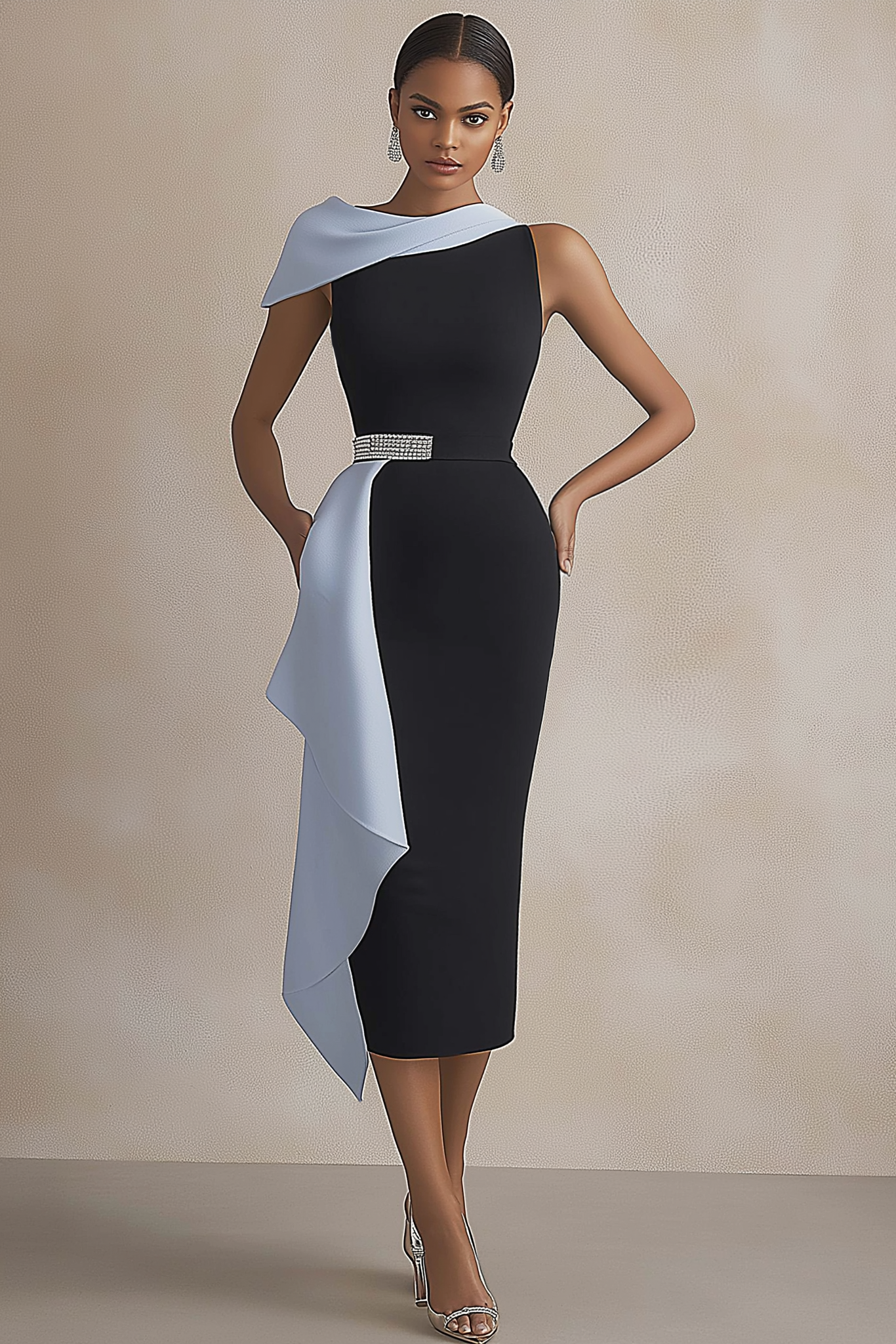 Semi-Formal Party Dress Black Blue One Shoulder Draped Fitted Midi Dre