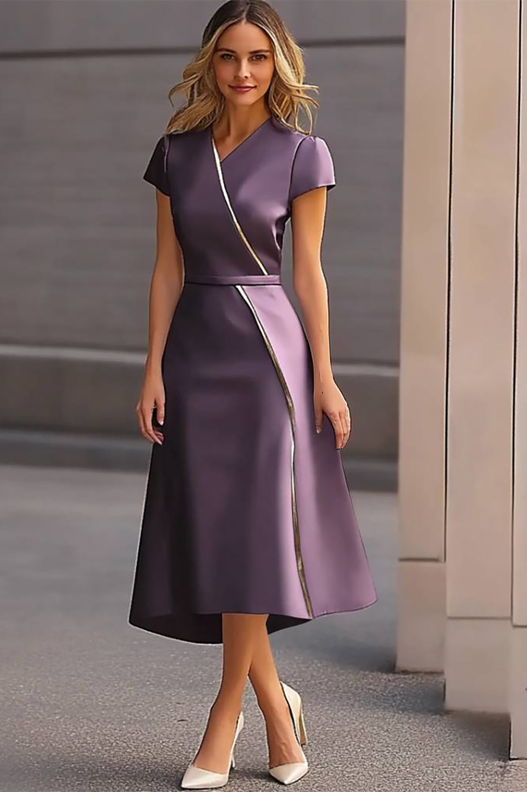 Work Semi-Formal Dress Purple Cross Neck Short Sleeve Midi Dress