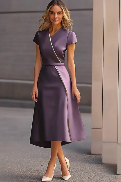 Work Semi-Formal Dress Purple Cross Neck Short Sleeve Midi Dress