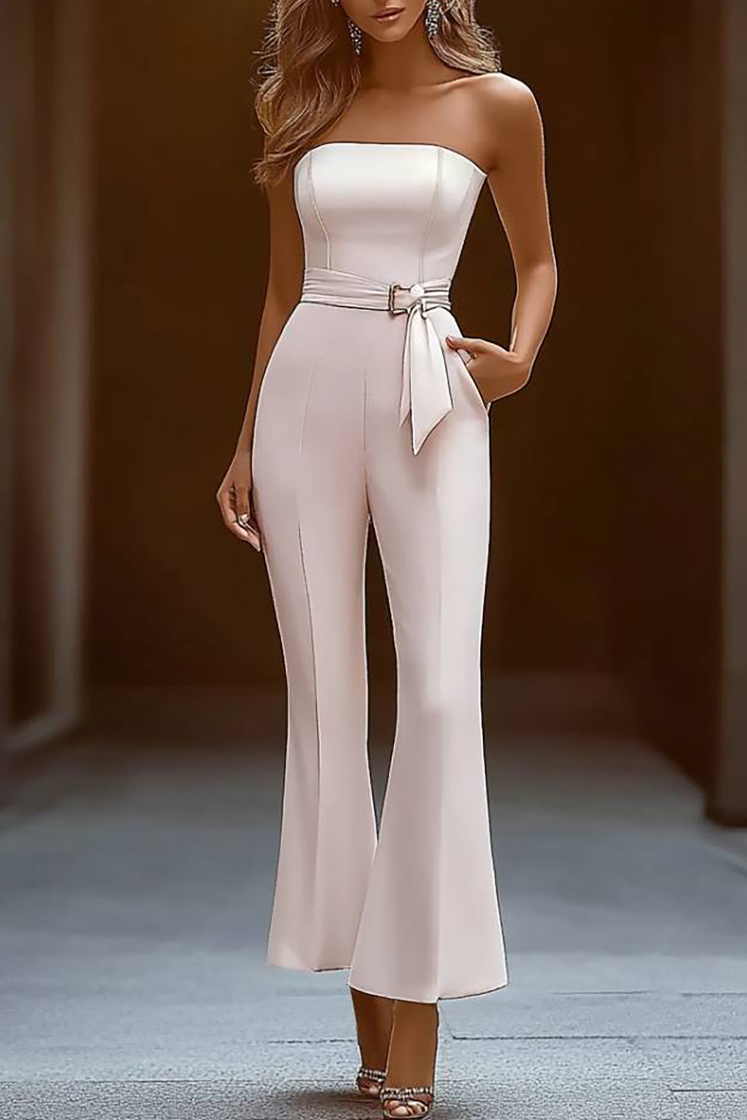 Party Strapless Jumpsuit White Belted with Pockets Flared Pants