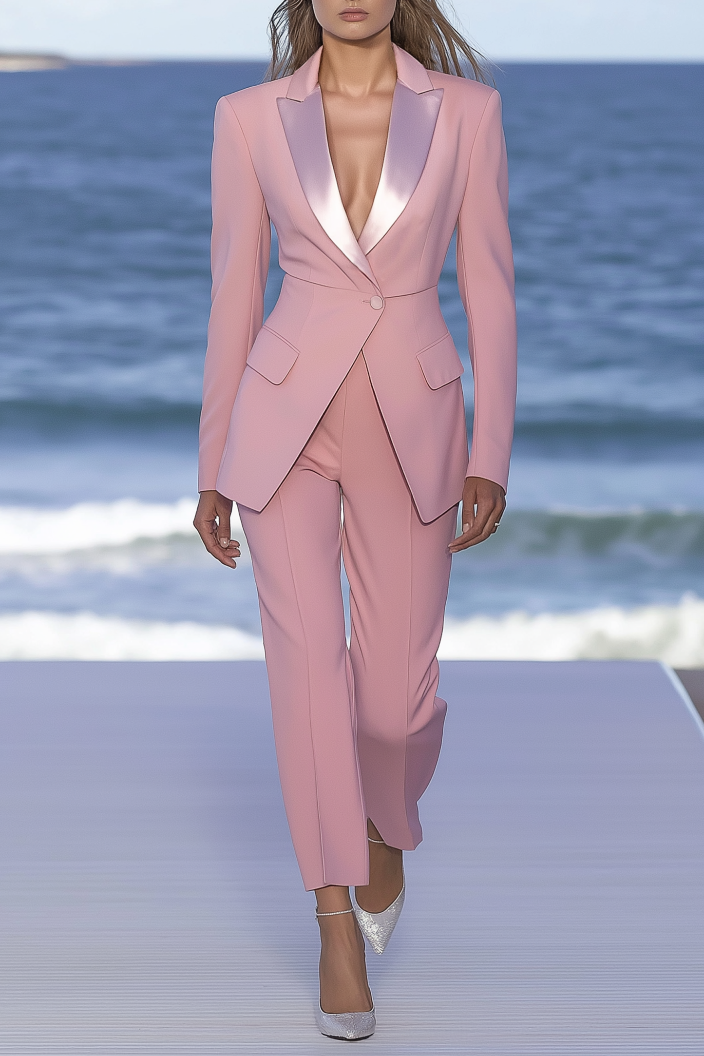 Formal Work Suit Set Pink Long Sleeve Straight Pants Suit
