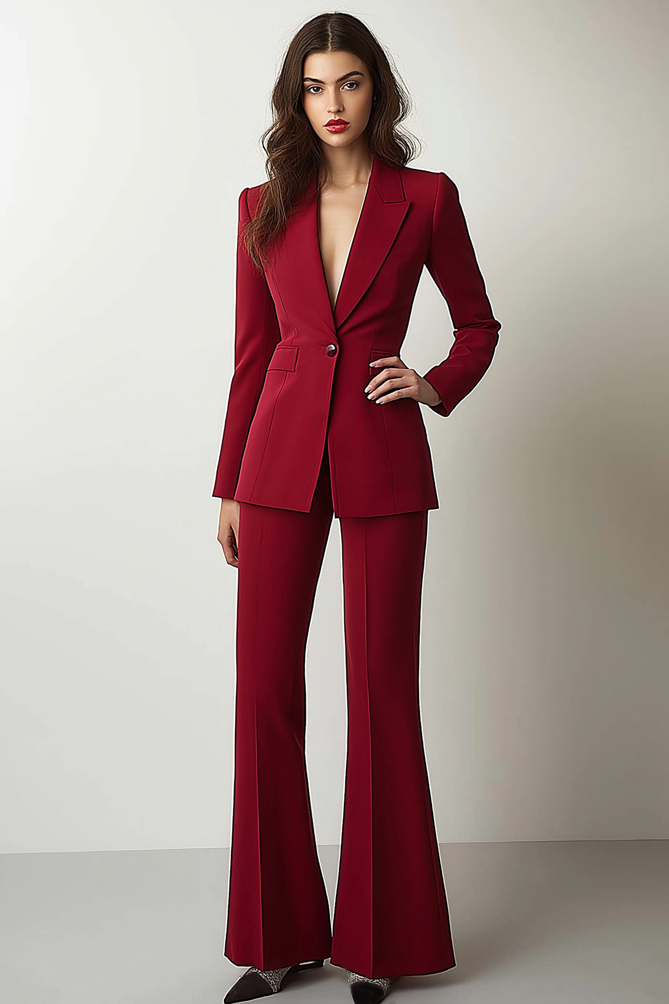 Formal Work Suit Set Red Long Sleeve Flared Pants Suit