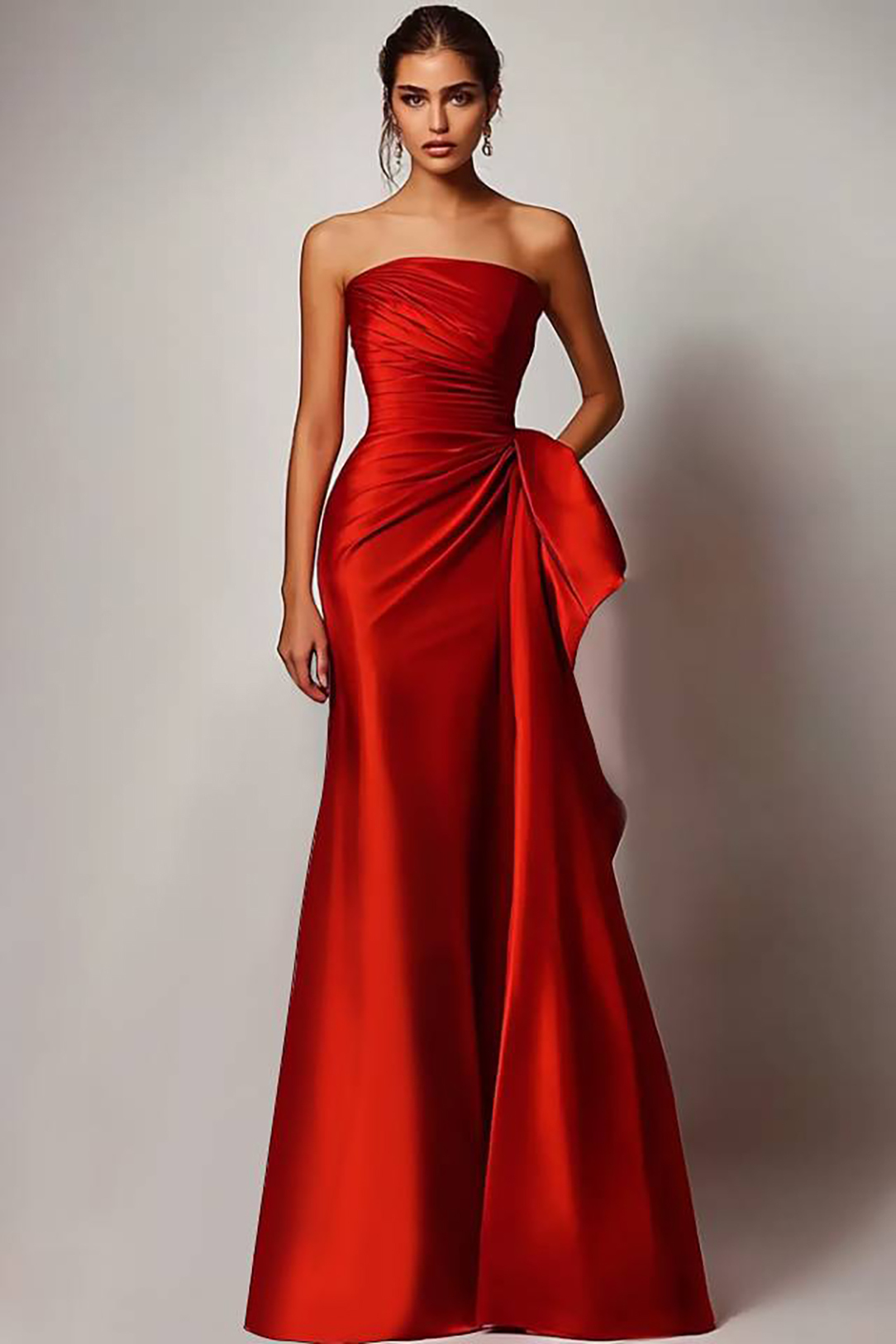 Evening Formal Dress Red Strapless Satin Floor-Length Gown