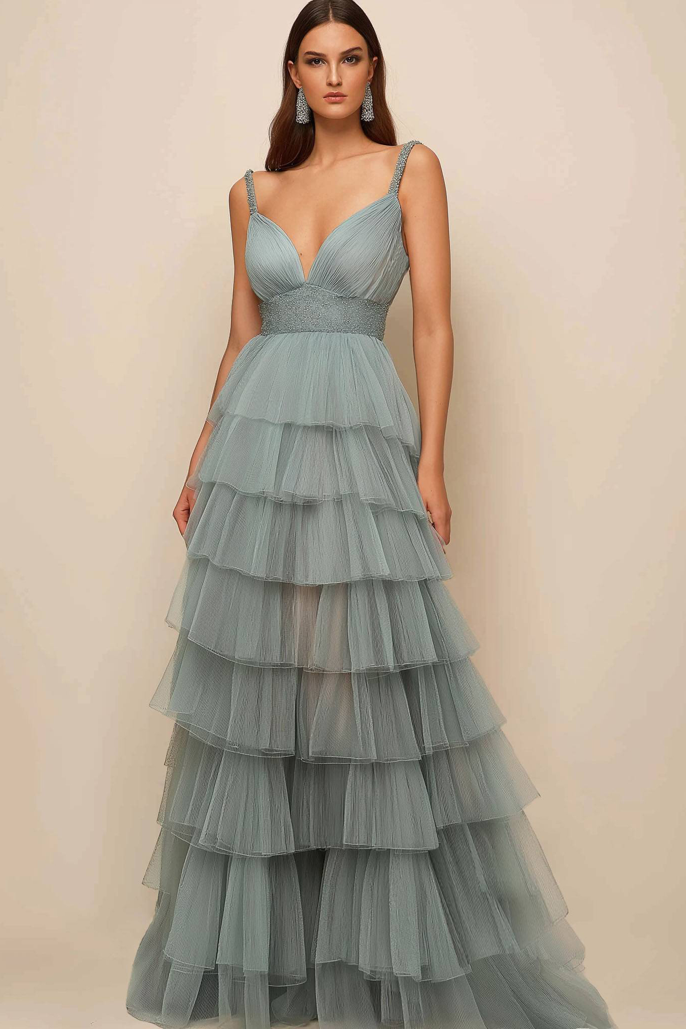 Prom Tiered Layer Dress Light Green Spaghetti Strap Pleated Mesh Floor-Length Dress