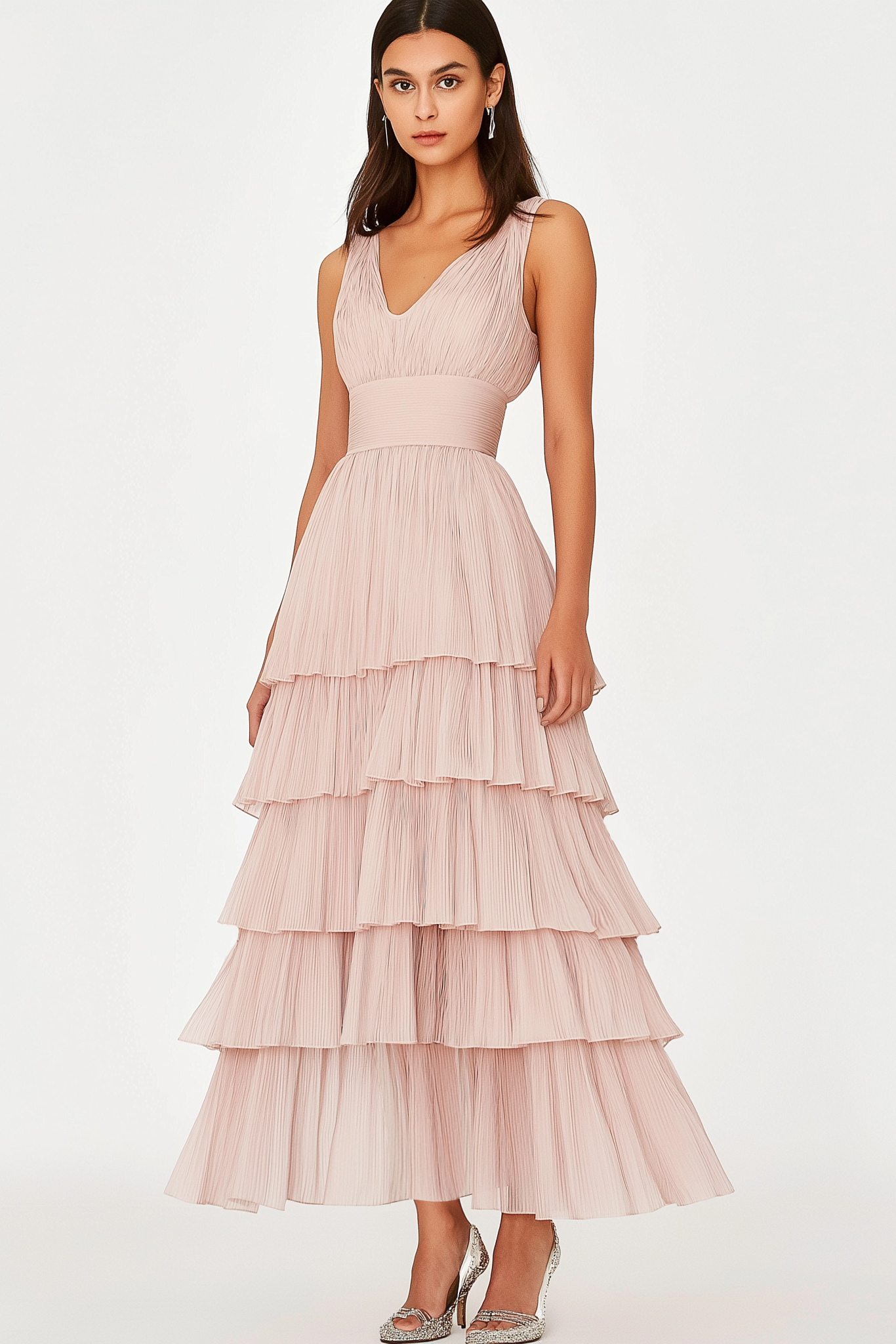 Prom Tiered Layer Dress Light Pink Sleeveless Mesh Maxi Dress