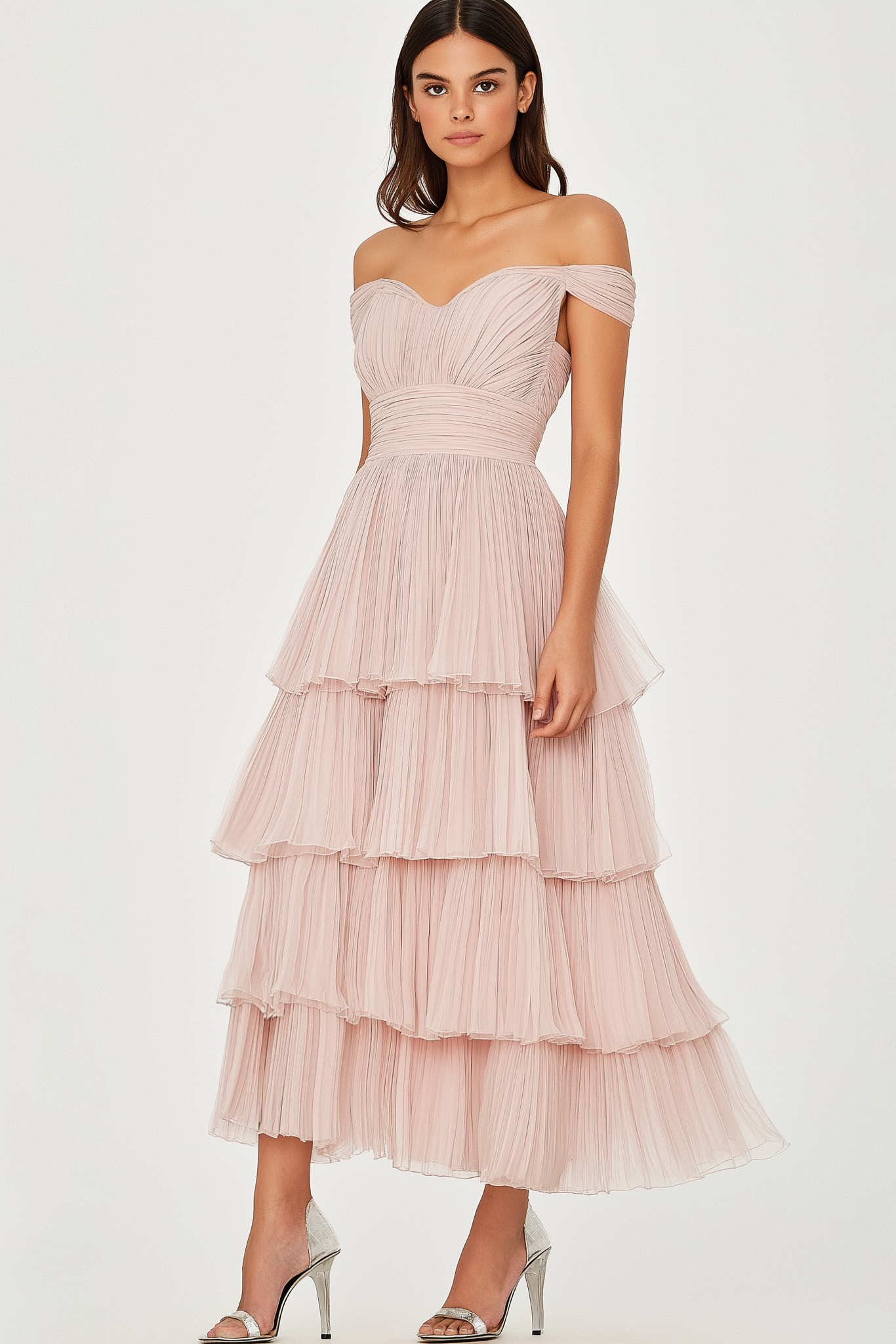 Prom Tiered Layer Dress Light Pink Off Shoulder Pleated Mesh Maxi Dress