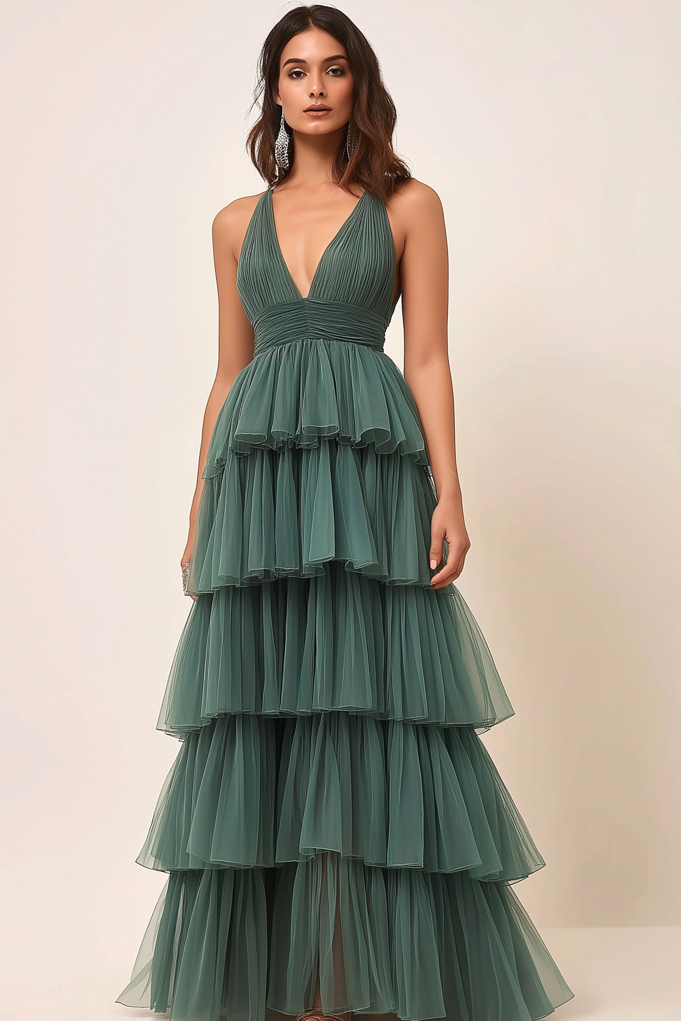 Prom Tiered Layer Dress Green Spaghetti Strap Deep V Mesh Floor-Length Dress