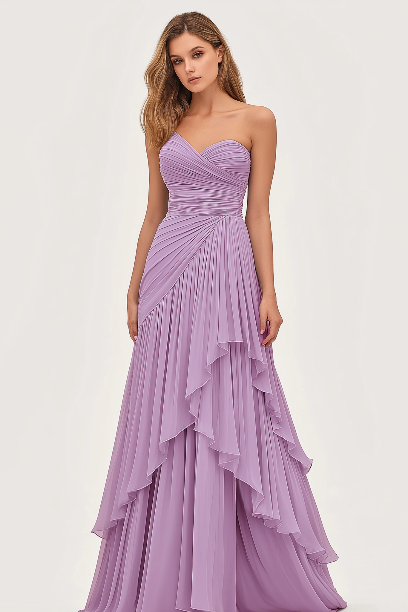 Evening Tiered Layer Dress Light Purple One Shoulder Floor-Length Dress
