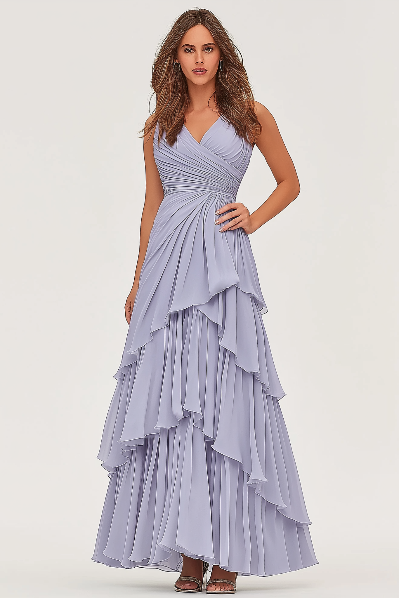 Evening Tiered Layer Dress Light Blue Spaghetti Strap Floor-Length Dress