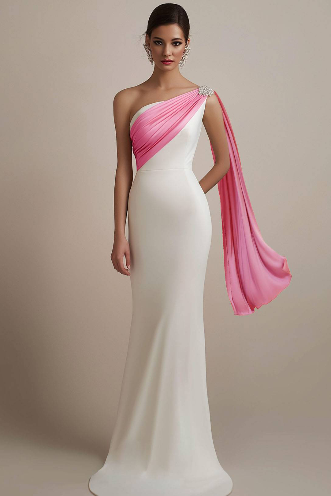 Evening Formal Satin Dress White Pink One Shoulder Floor-Length Gown