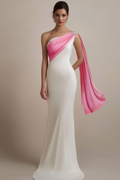 Evening Formal Satin Dress White Pink One Shoulder Floor-Length Gown