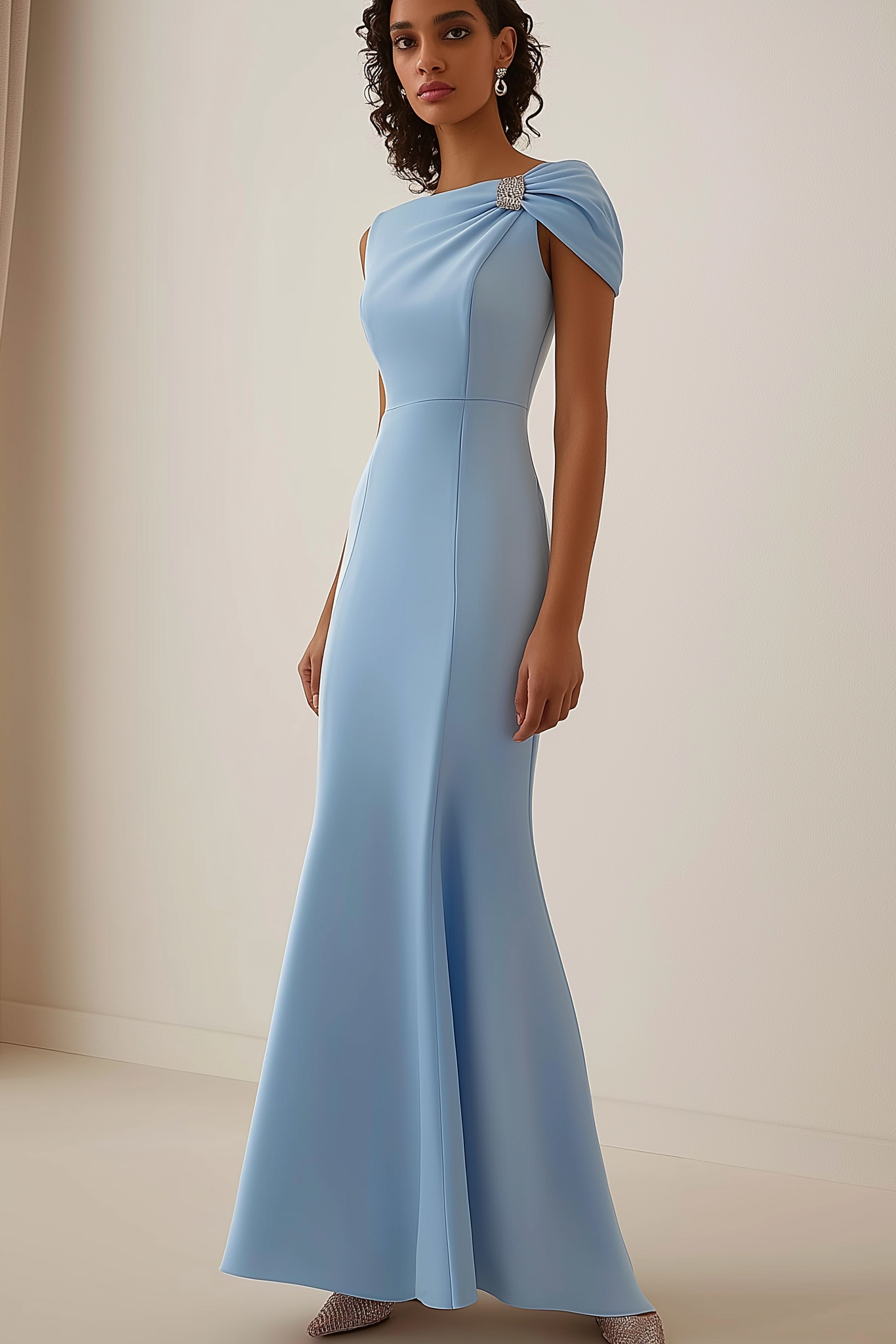 Wedding Guest Party Dress Light Blue One Shoulder Rhinestone Mermaid Maxi Dress