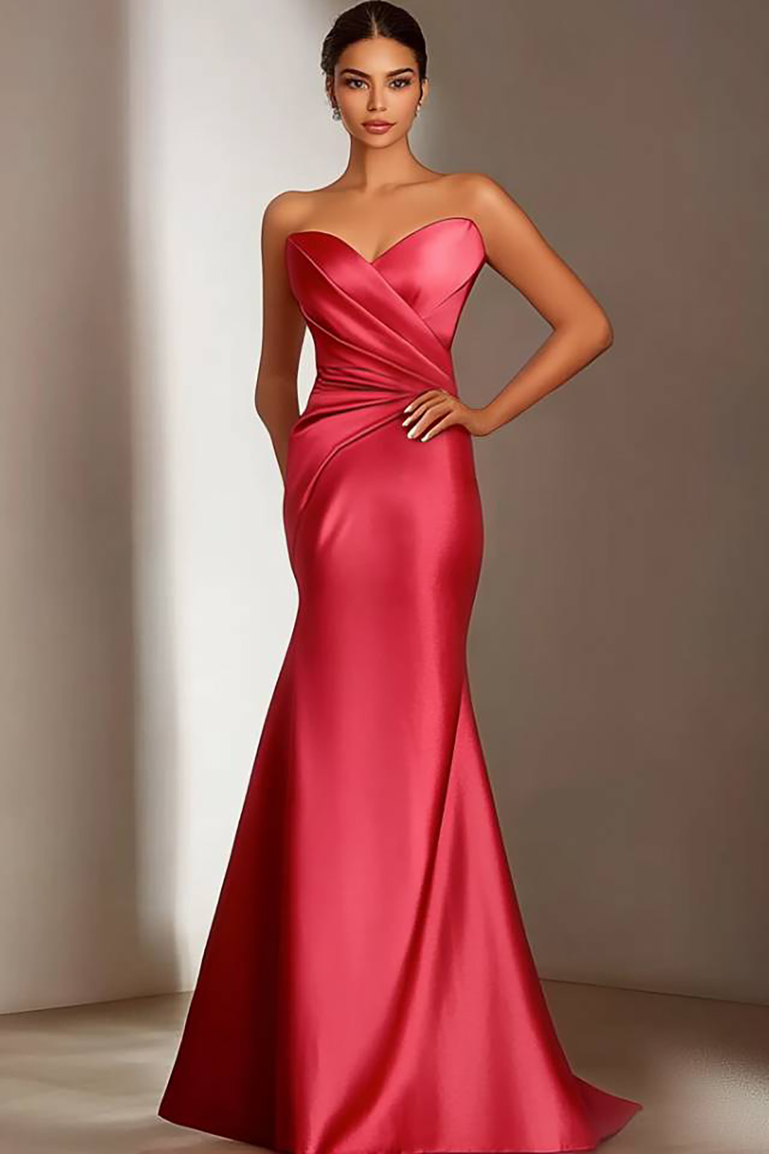 Evening Formal Satin Dress Red Strapless Ruched Waist Floor-Length Gown