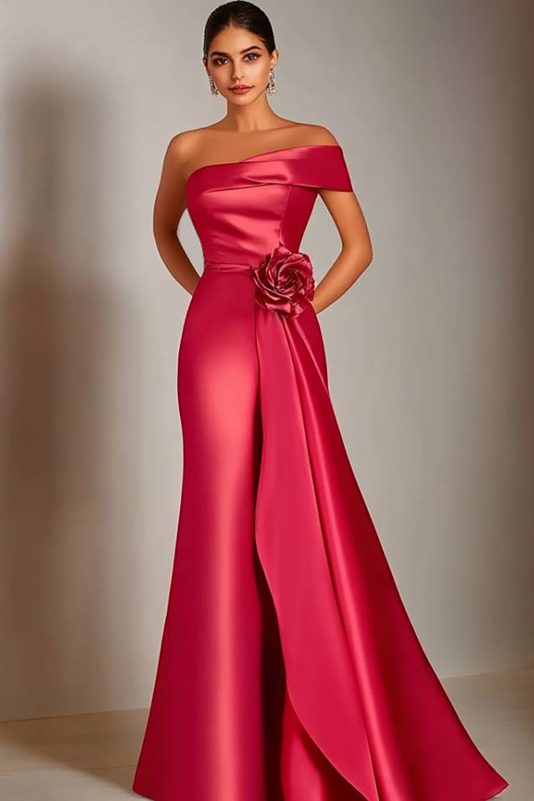 Evening Formal Satin Dress Red One Shoulder 3D Floral Draped Floor-Length Gown