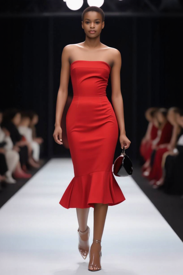 Cocktail Party Dress Red Strapless Fitted Mermaid Midi Dress