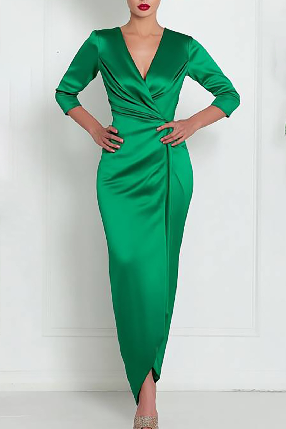Party Satin Dress Green Cross Neck Long Sleeve Maxi Dress