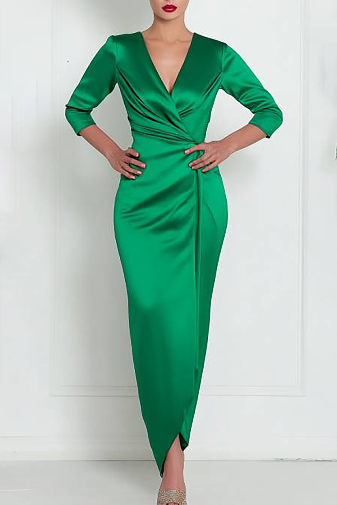 Party Satin Dress Green Cross Neck Long Sleeve Maxi Dress