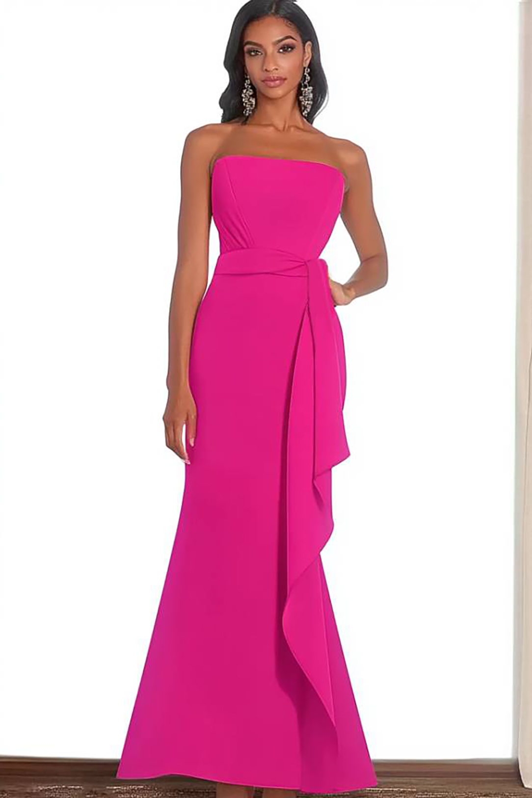 Evening Formal Dress Fuchsia Strapless Draped Maxi Gown