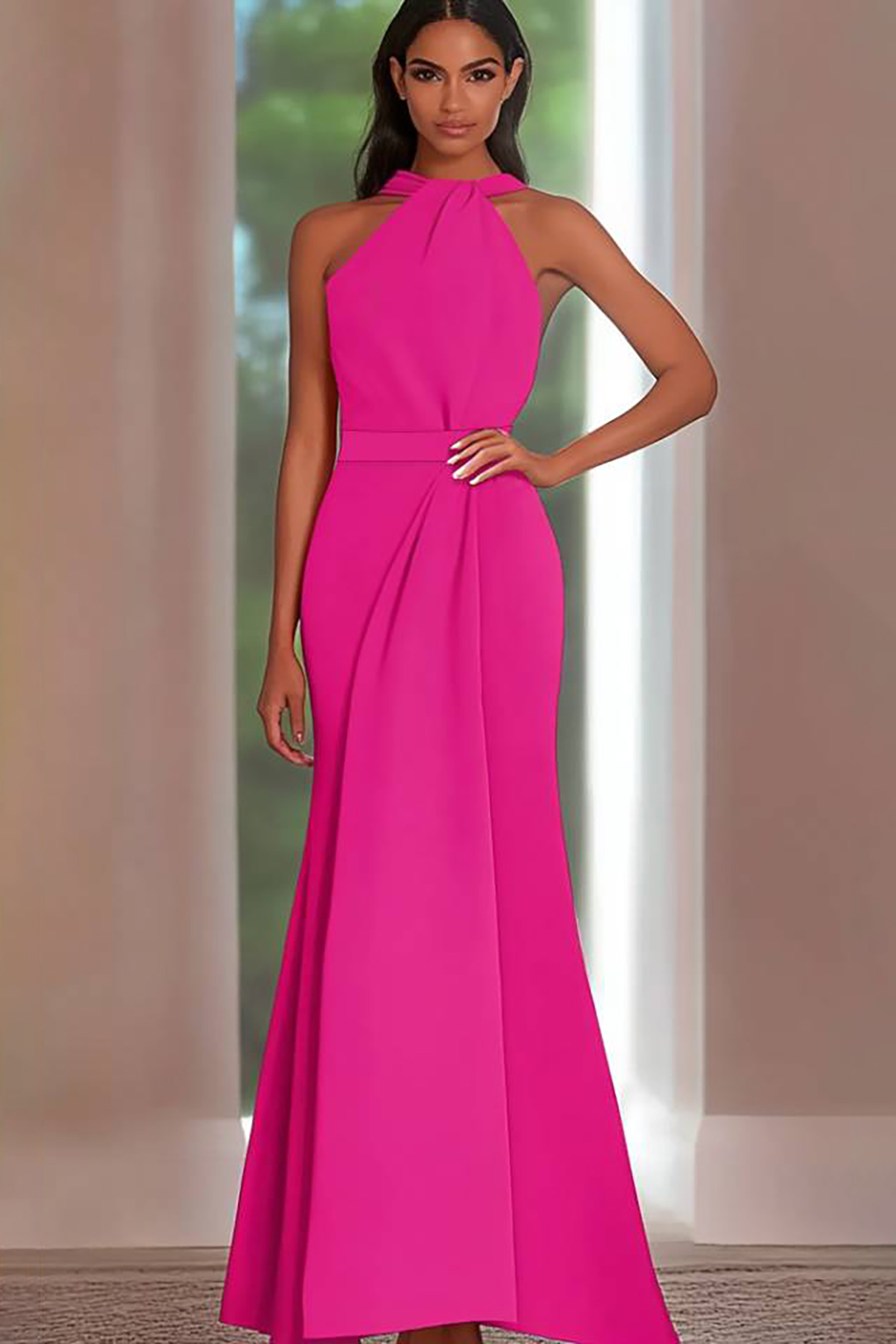 Evening Formal Dress Fuchsia Halter Maxi Gown