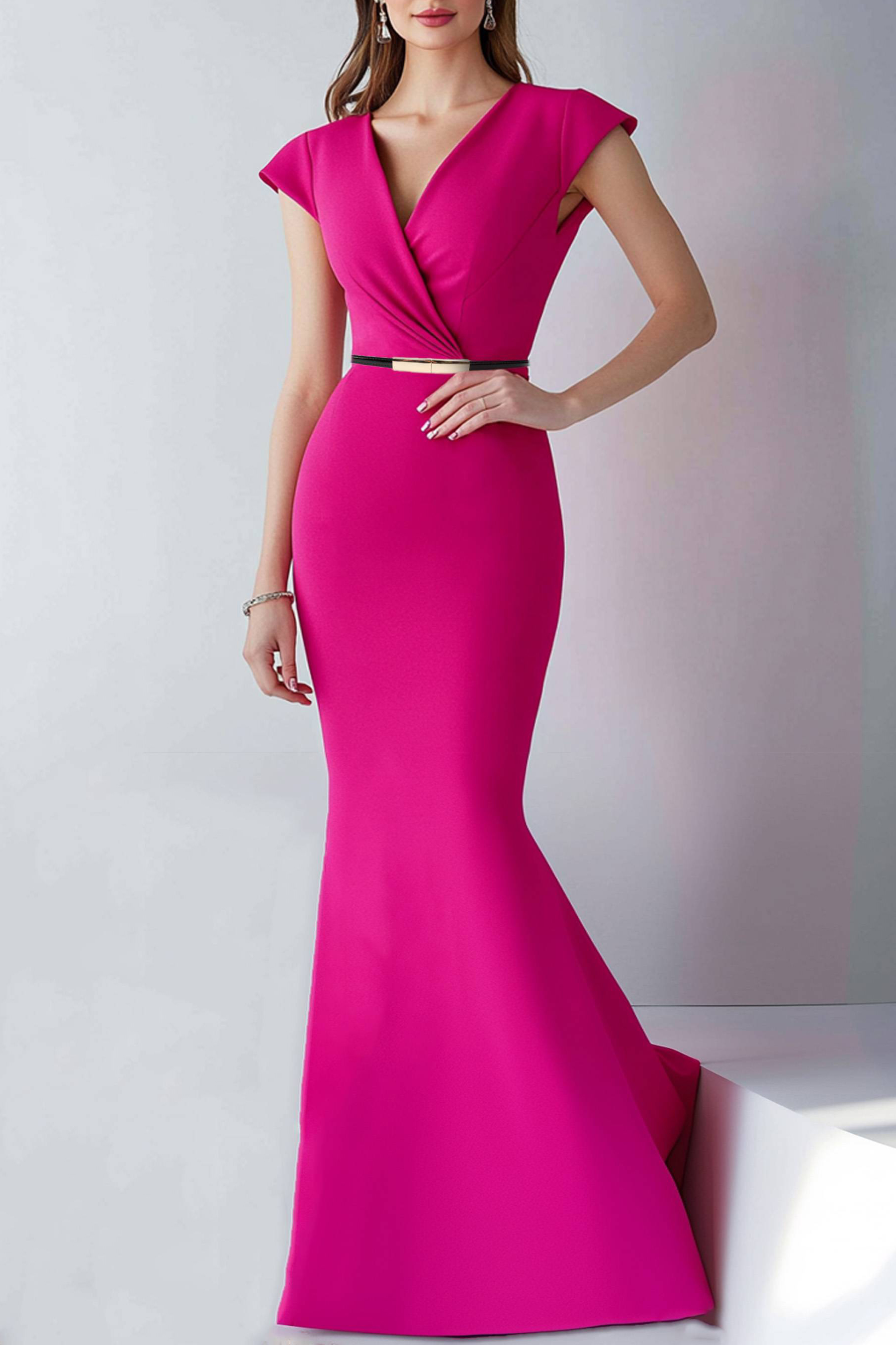 Evening Formal Dress Fuchsia Cross Neck Mermaid Floor-Length Gown