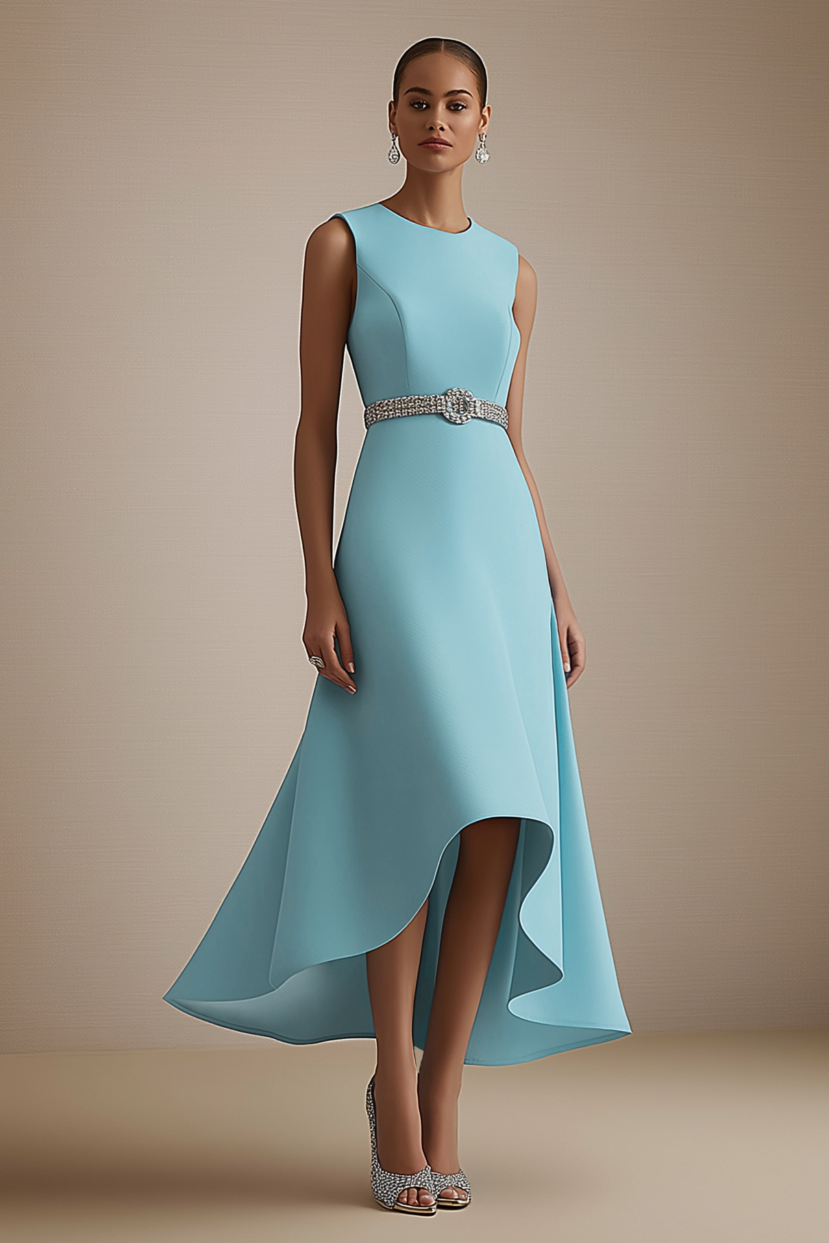 Party Semi-Formal Dress Light Blue Sleeveless Rhinestone Waist Midi Dress