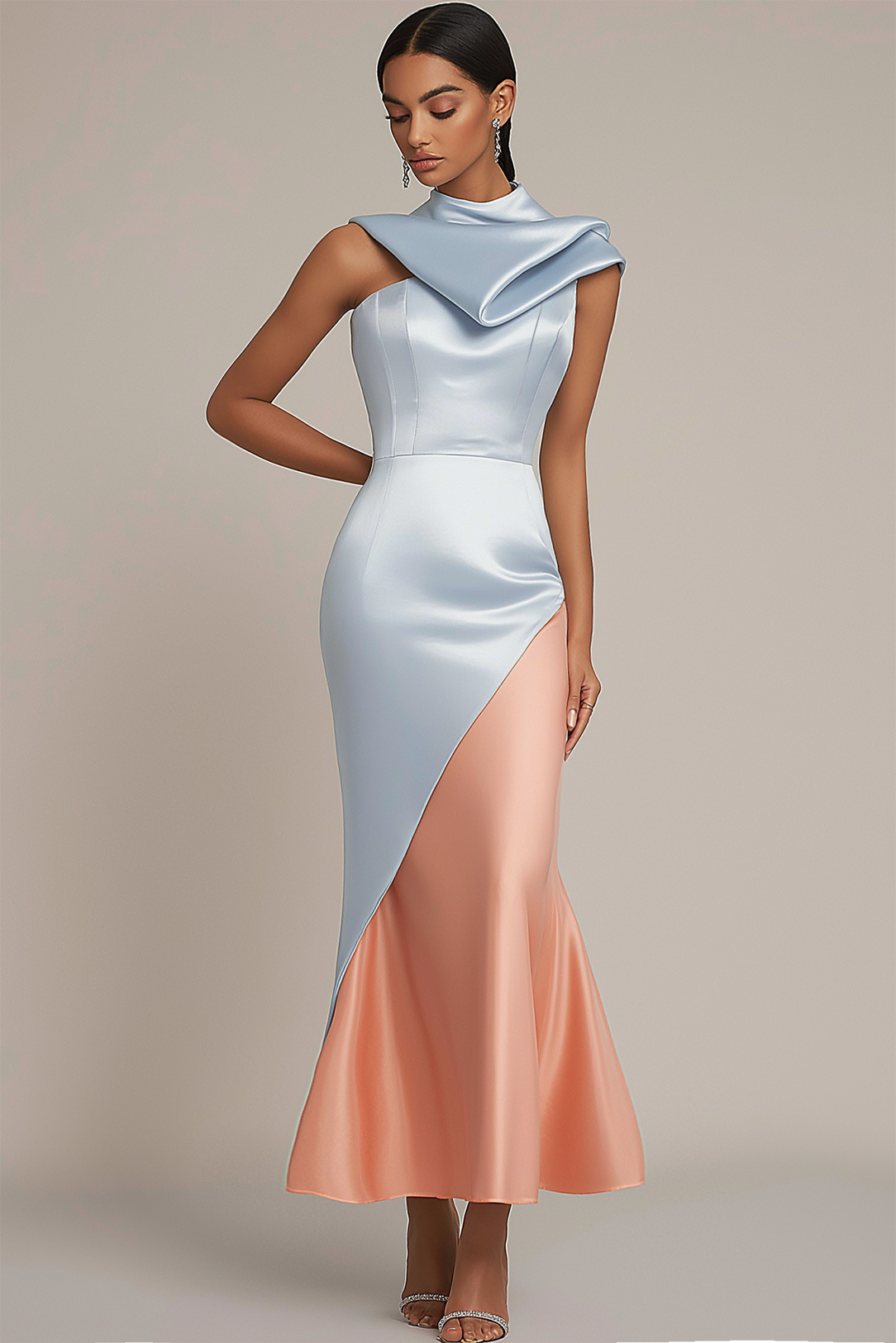 Wedding Guest Party Dress Light Blue Satin Halter Mermaid Maxi Dress