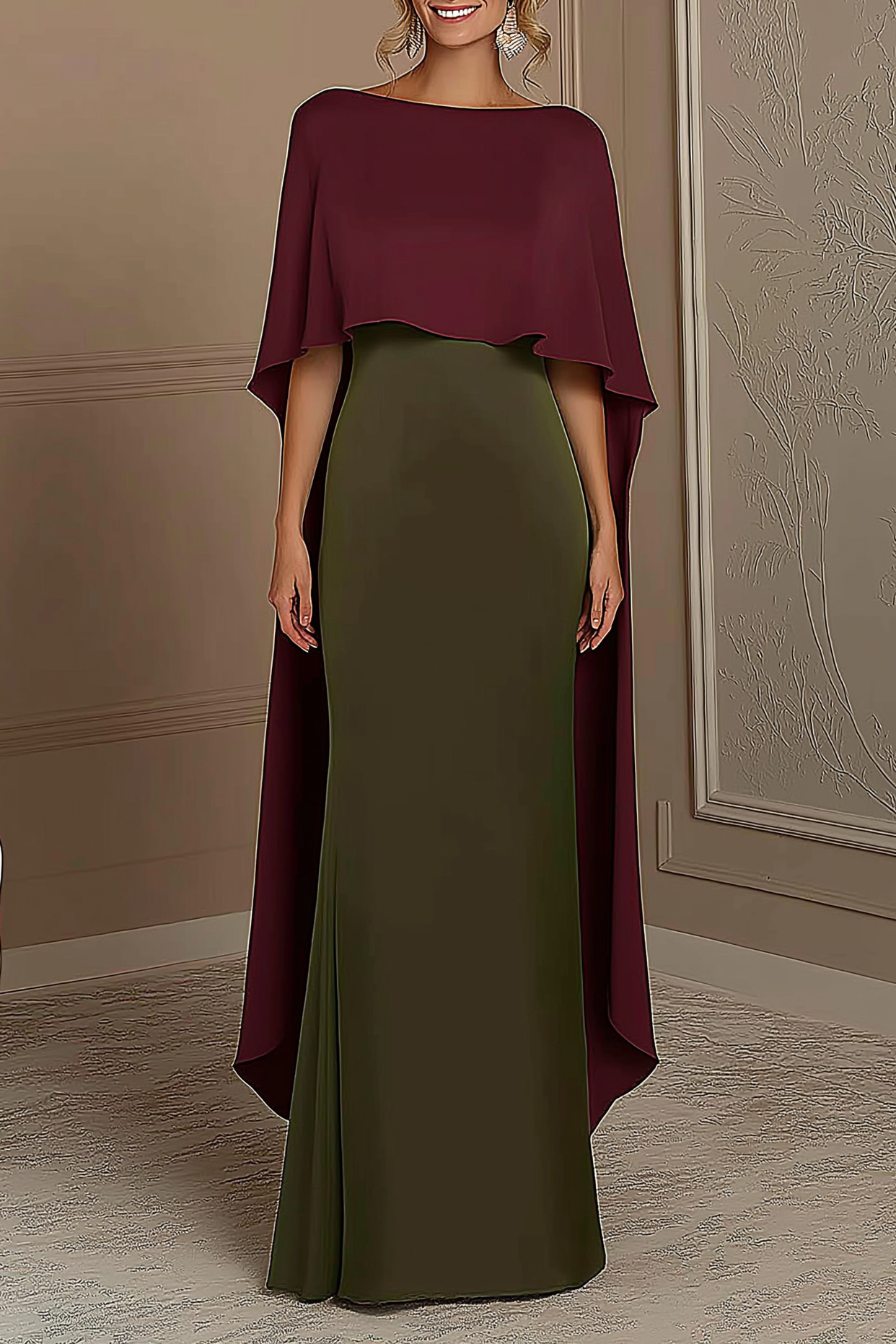 Evening Formal Dress Red Green Boat Neck Cape Floor-Length Gown