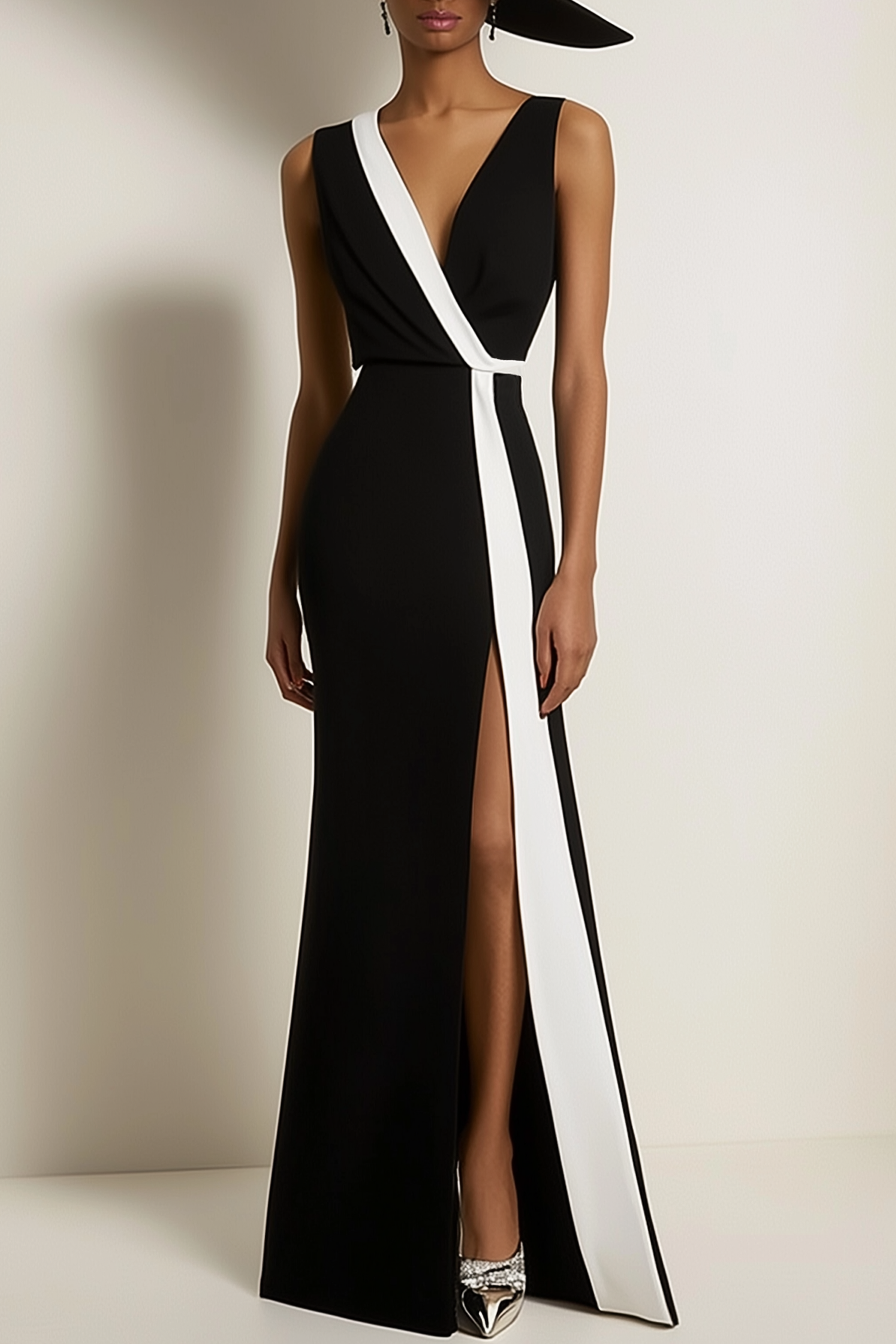 Semi-Formal Party Dress Black White Sleeveless V-Neck High Slit Floor-Length Dress