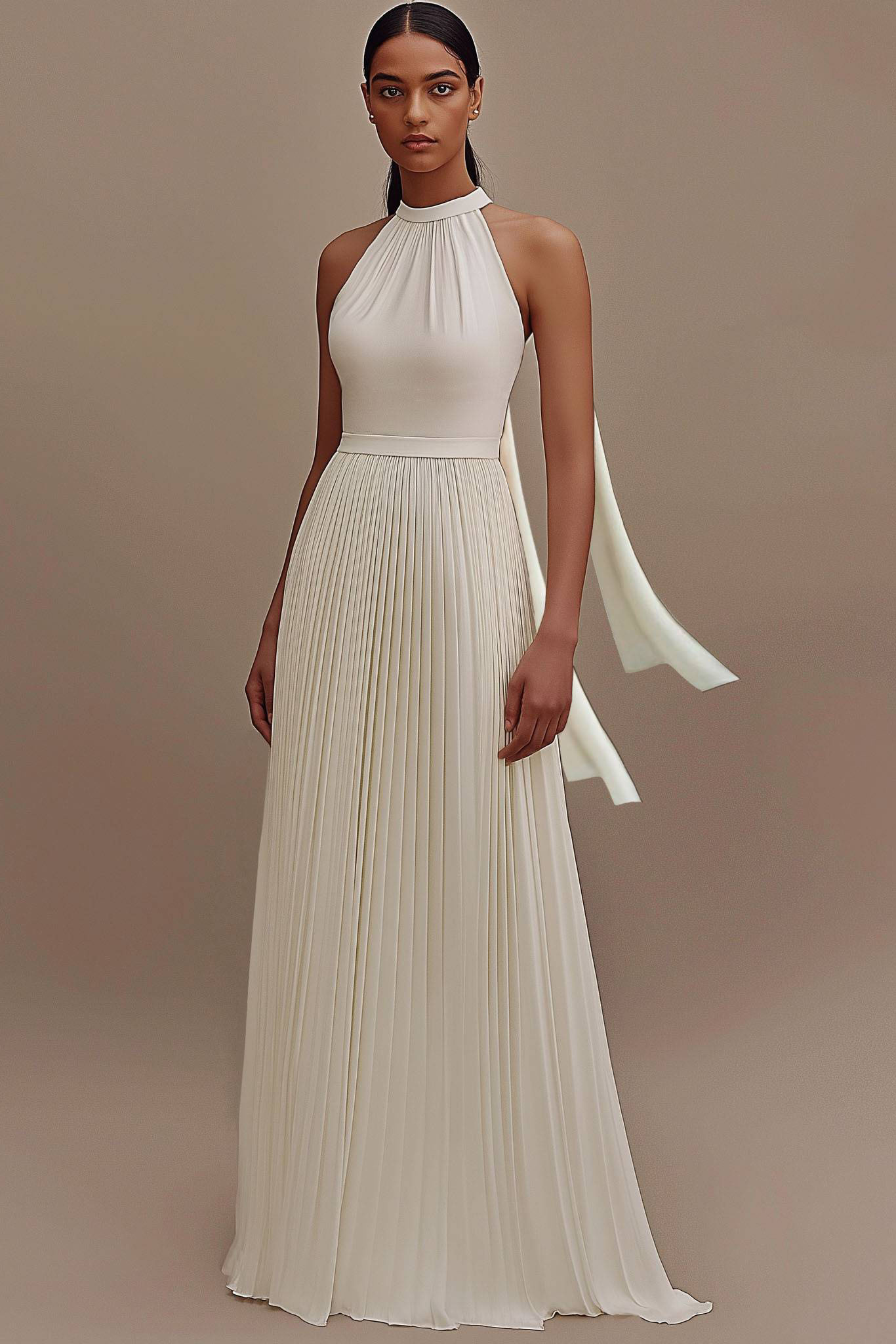 Formal Evening Dress White Halter with Flowing Pleated Floor-Length Gown