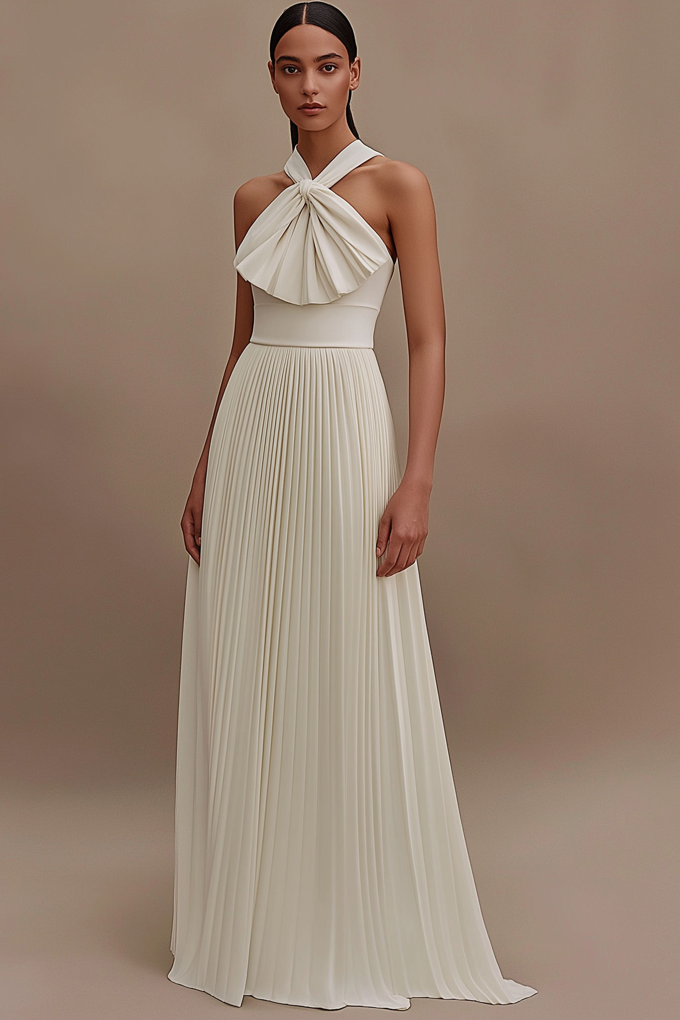Formal Evening Dress White Halter Pleated Floor-Length Gown