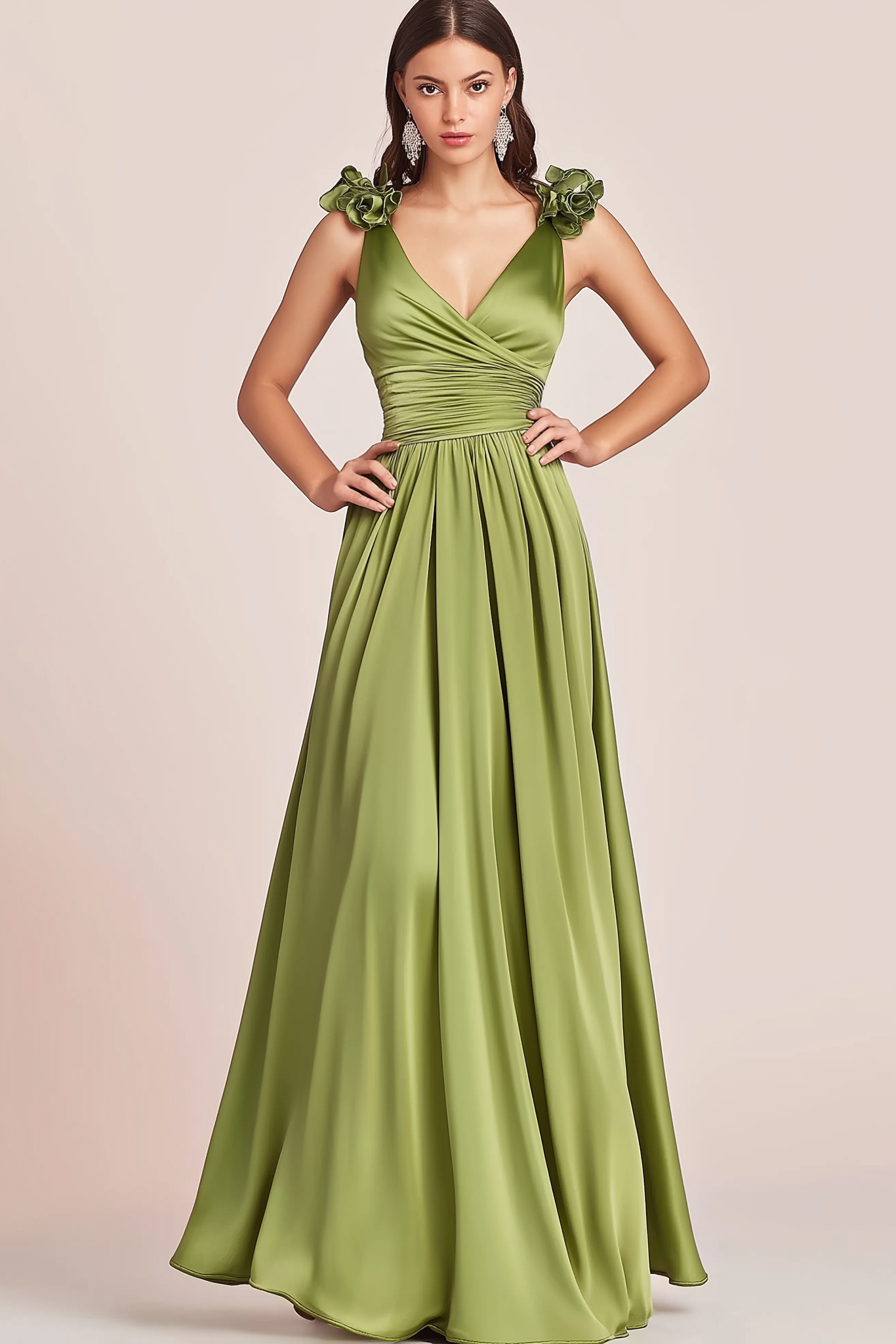 Wedding Guest Formal Dress Green Satin Flower Spaghetti Strap Floor-Length Gown